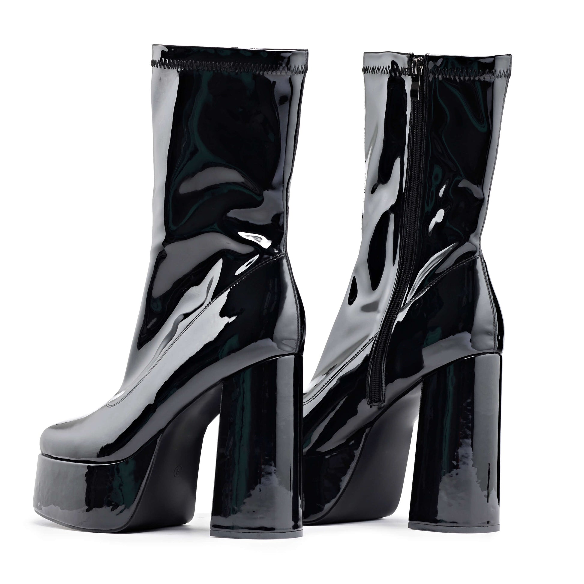 Delano Men's Black Patent Platform Heeled Boots - Ankle Boots - KOI Footwear - Black - Back View