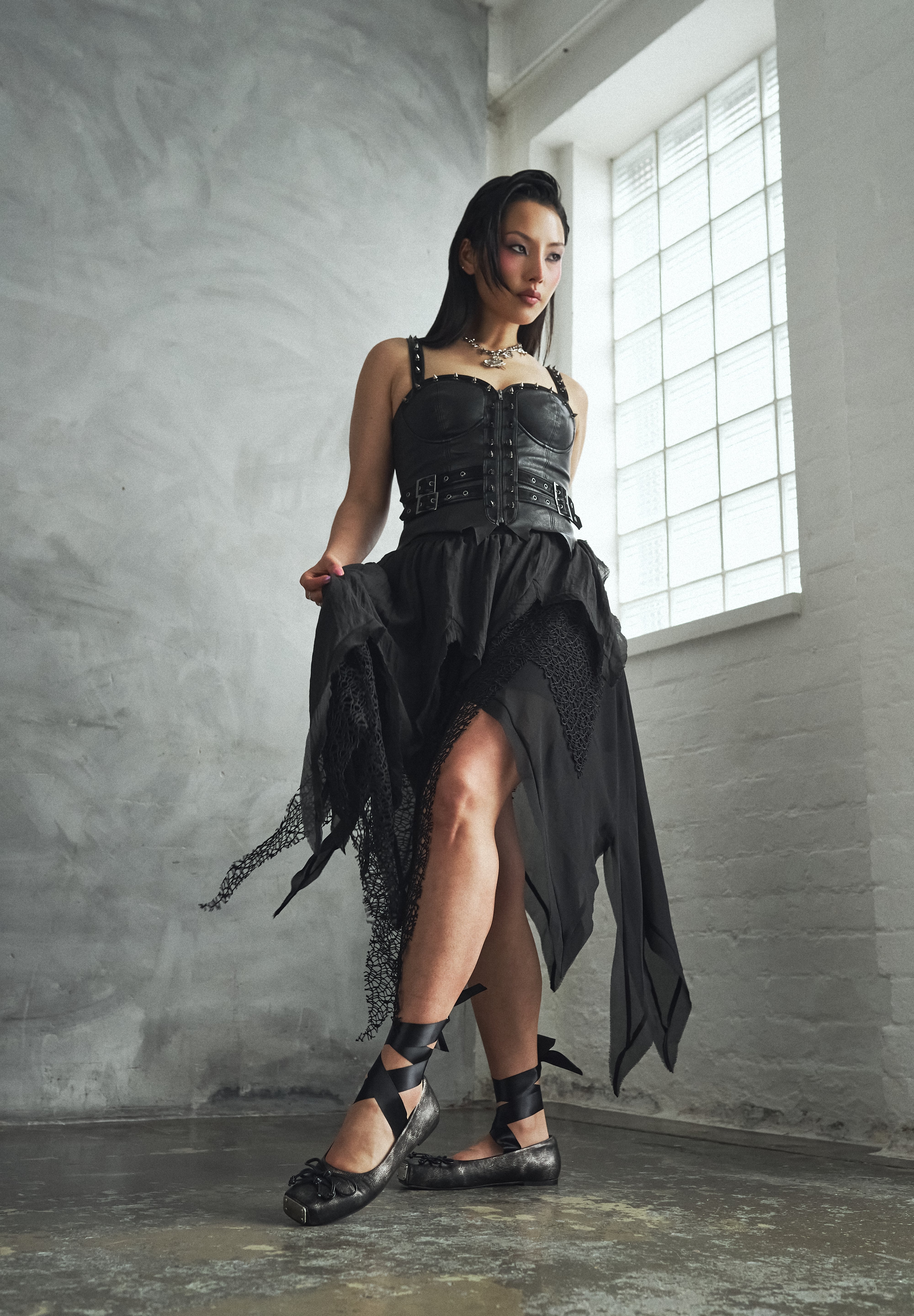 KOI Frostbitten Layered Corset Midi Dress - Textured Black, XXL / Black KOI Frostbitten Layered Corset Midi Dress - Textured Black, XXL / Black