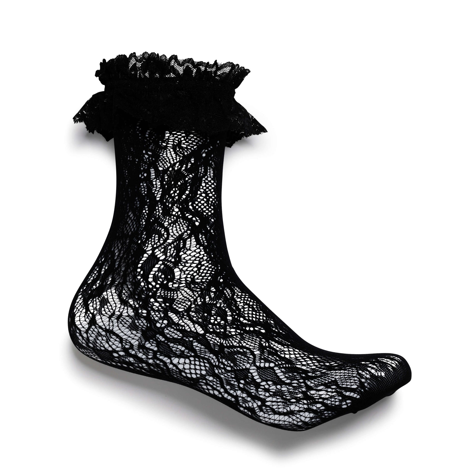 Heiress Black Lace Ruffle Socks - Accessories - KOI Footwear - Black - Side View