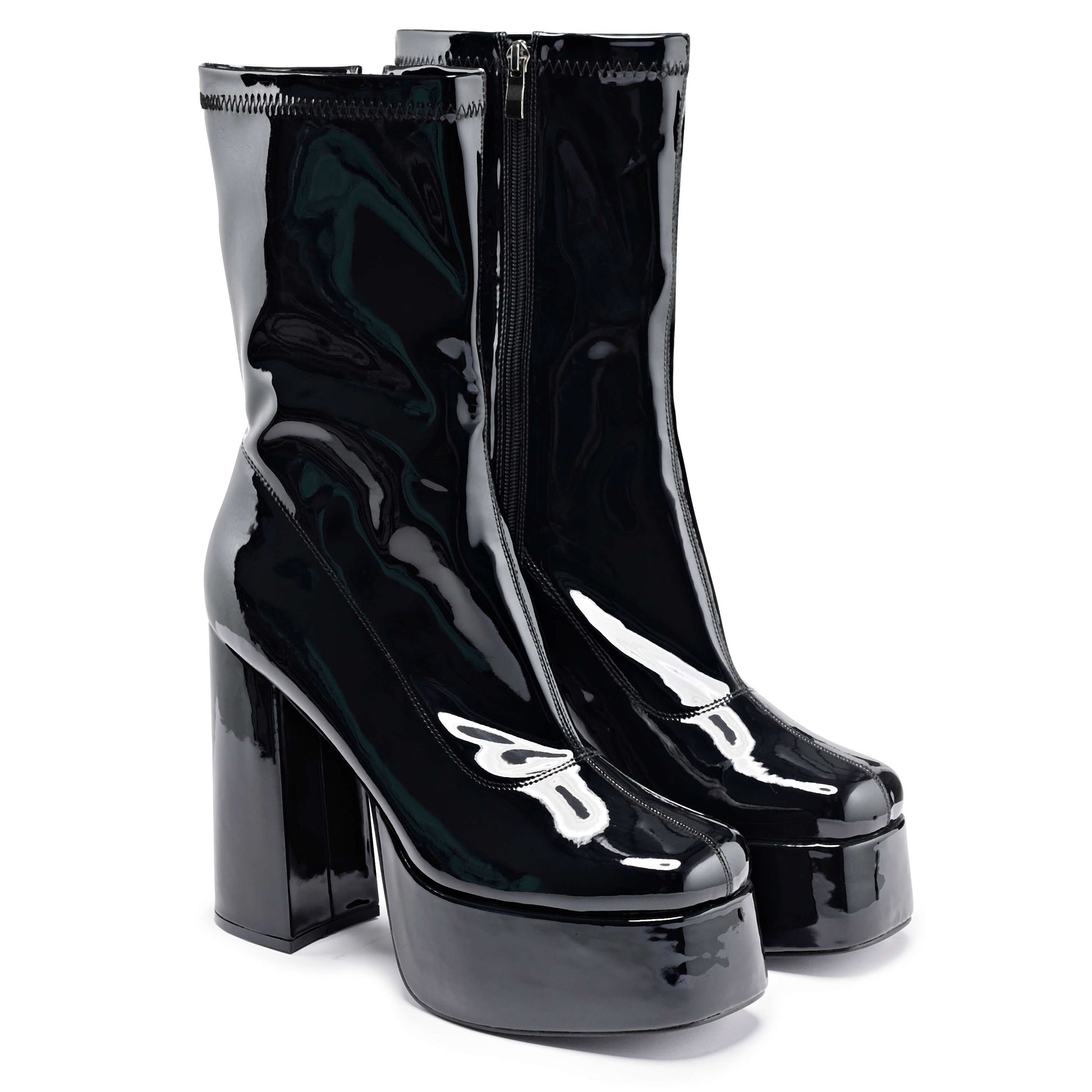 Delano Men's Black Patent Platform Heeled Boots - Ankle Boots - KOI Footwear - Black - Three-Quarter View