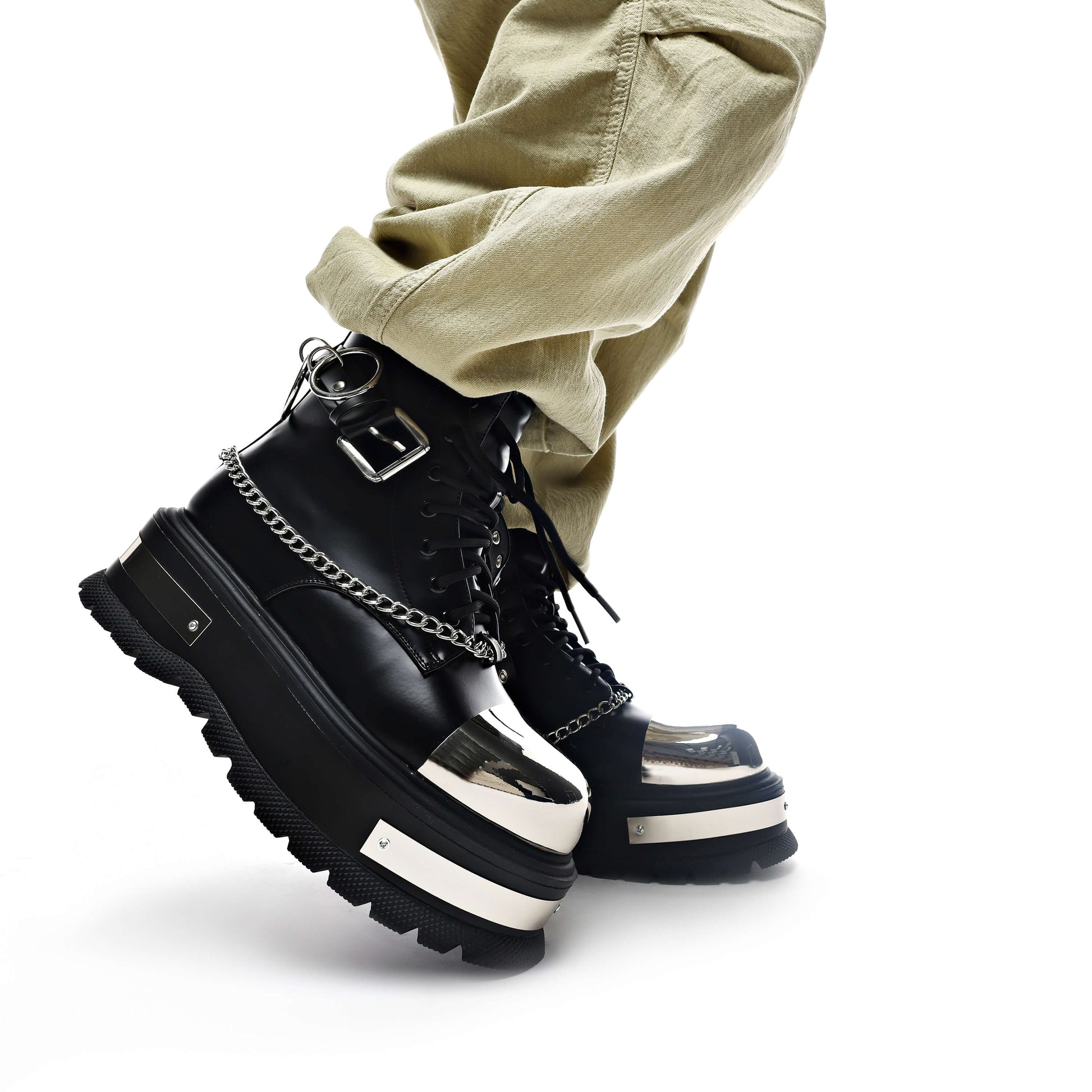 Borin Men's Hardware Platform Boots - Ankle Boots - KOI Footwear - Black - Model Right Side