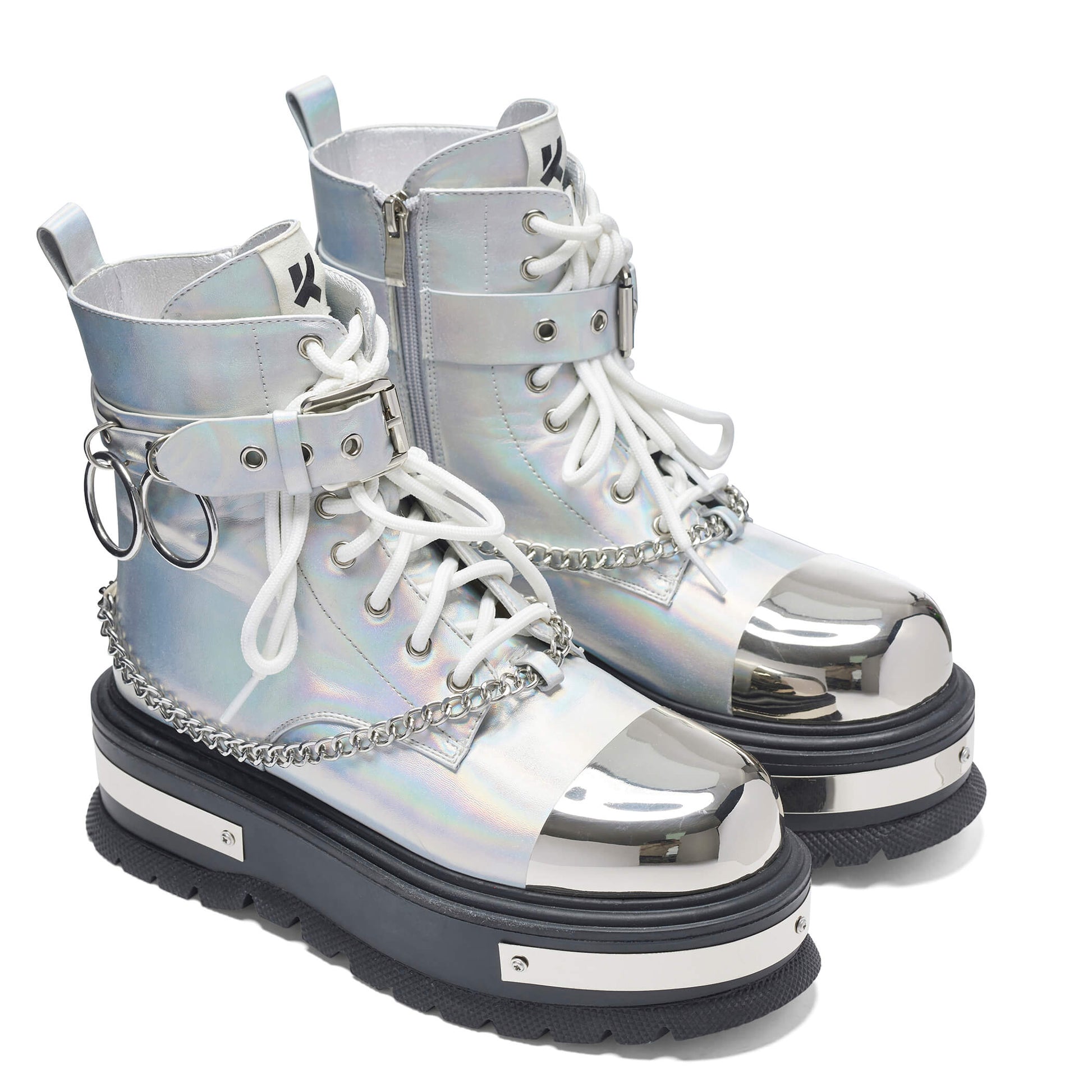 Borin Hardware Platform Boots - Silver Hologram - KOI Footwear - Three-Quarter View