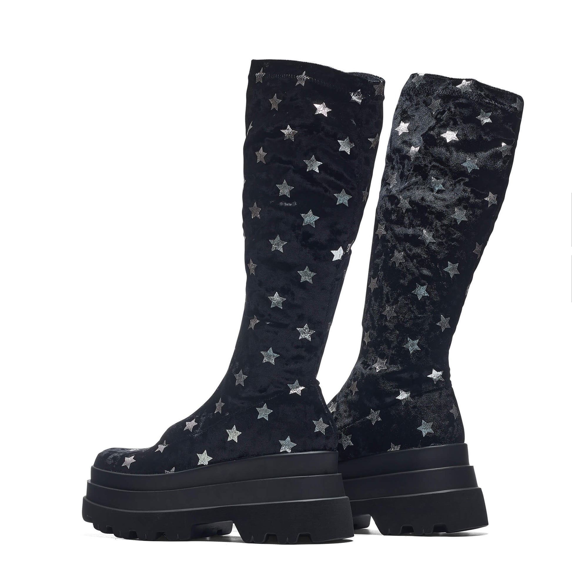 Celestial Dusk Trident Velvet Long Boots - Night Sky - Long Boots - KOI Footwear - Black - Back View