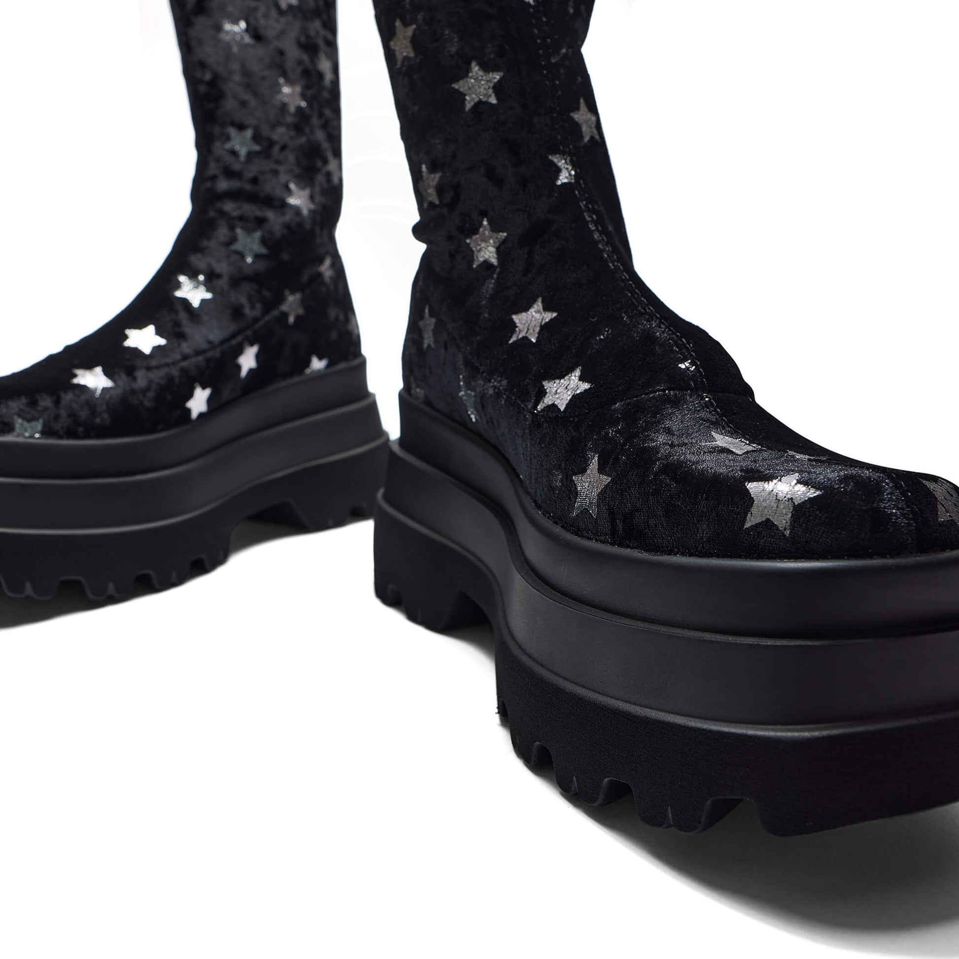 Celestial Dusk Trident Velvet Long Boots - Night Sky - Long Boots - KOI Footwear - Black - Front View