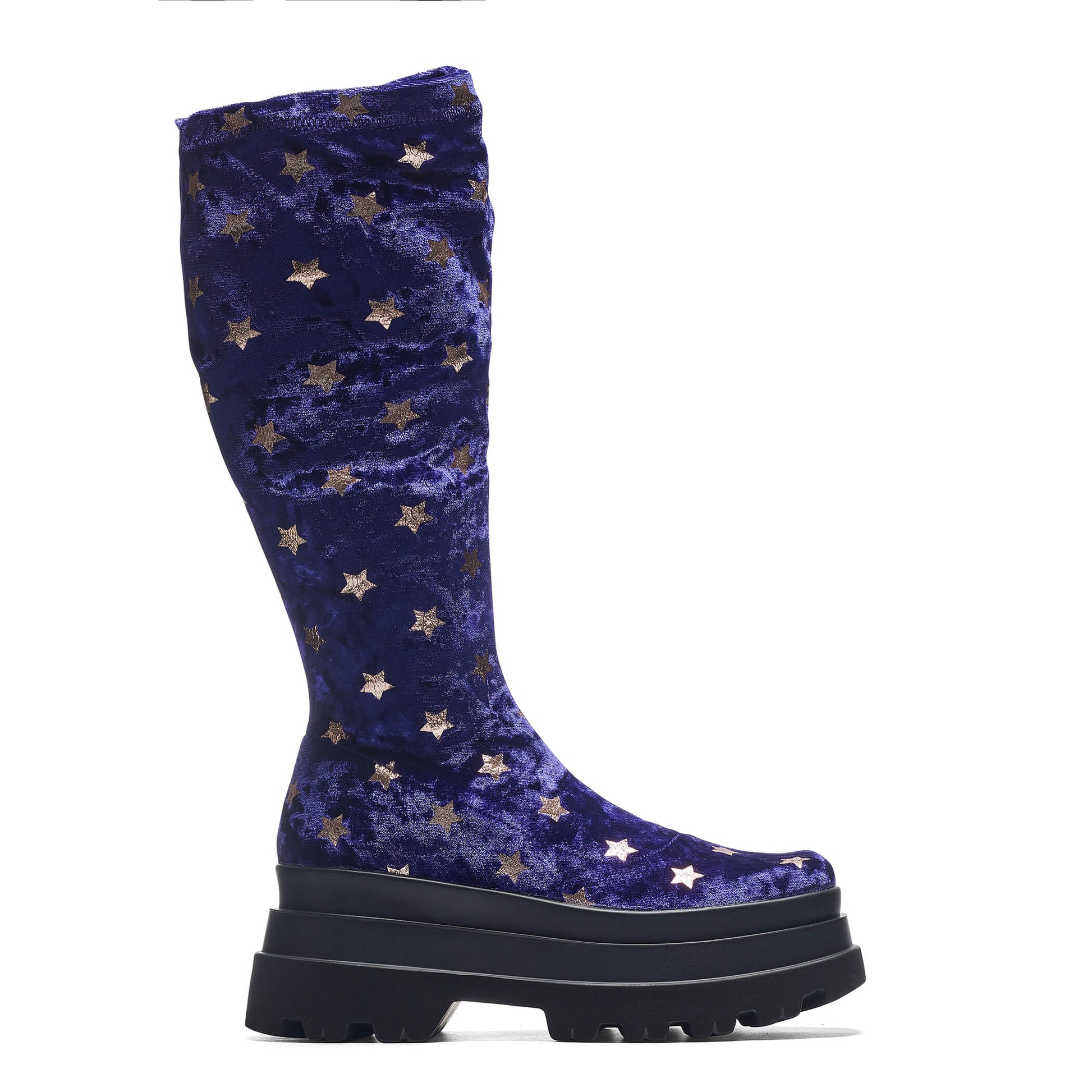 Celestial Dusk Trident Velvet Long Boots - Spellbound Purple - Long Boots - KOI Footwear - Purple - Side View