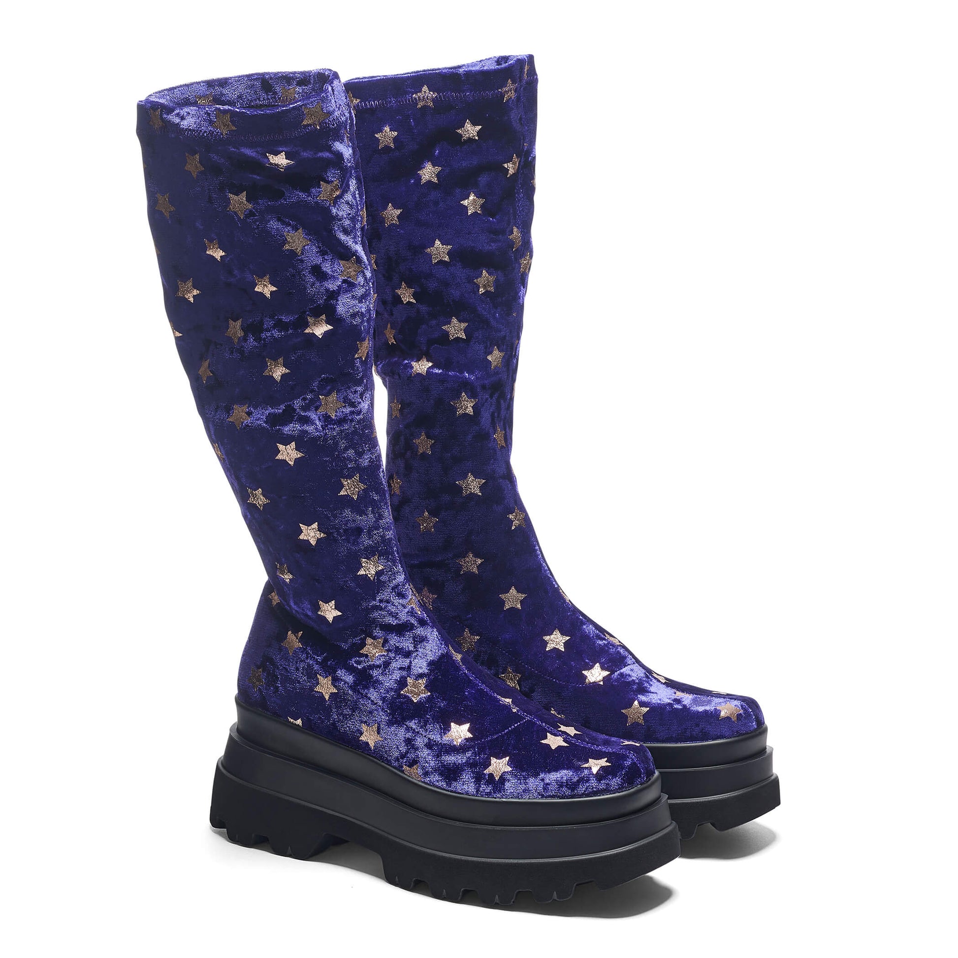 Celestial Dusk Trident Velvet Long Boots - Spellbound Purple - Long Boots - KOI Footwear - Purple - Three-Quarter View