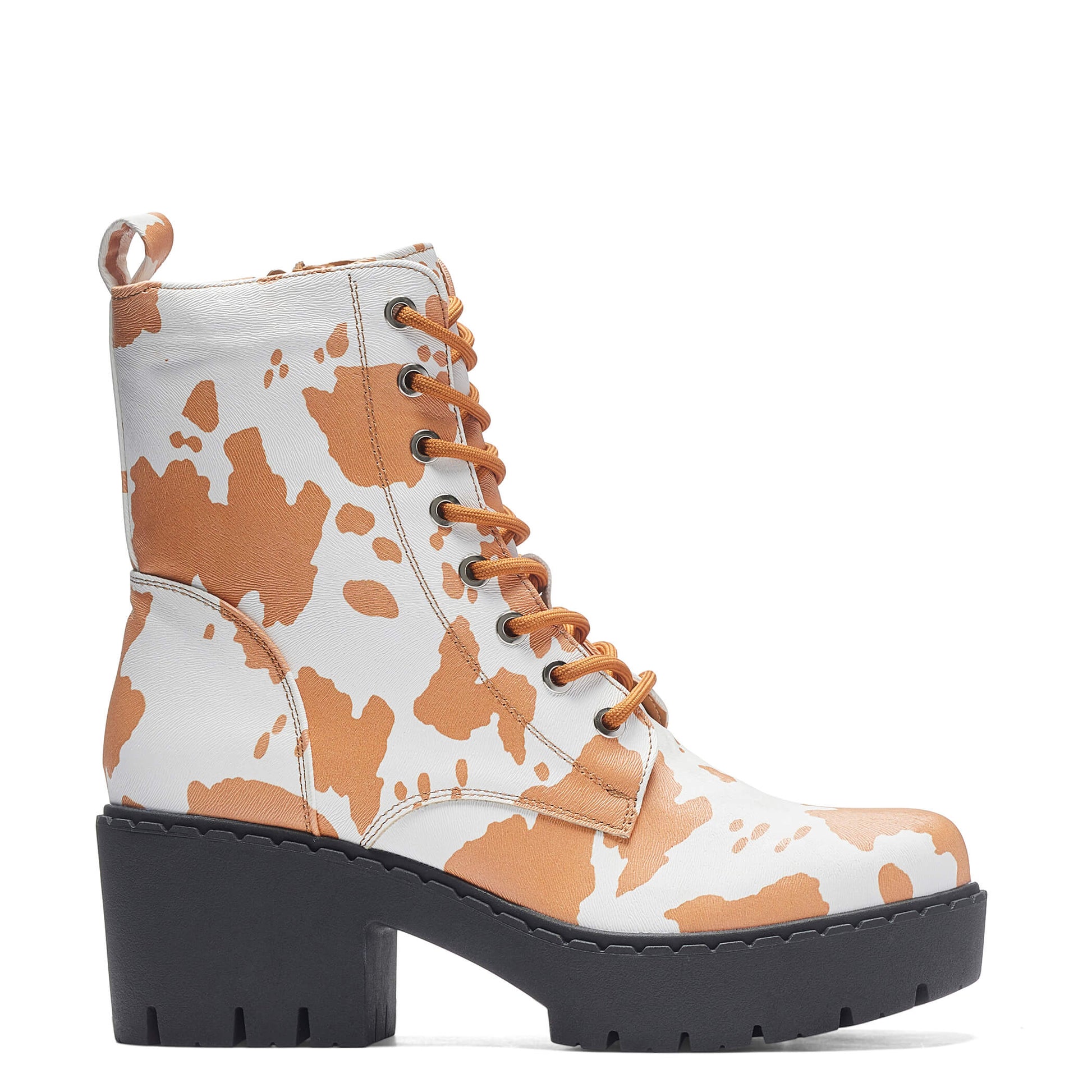 Clarabelle Brown Cow Print Switch Lace Up Boots - Ankle Boots - KOI Footwear - Black - Side View