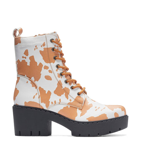 Clarabelle Brown Cow Print Switch Lace Up Boots - Ankle Boots - KOI Footwear - Black - Main View