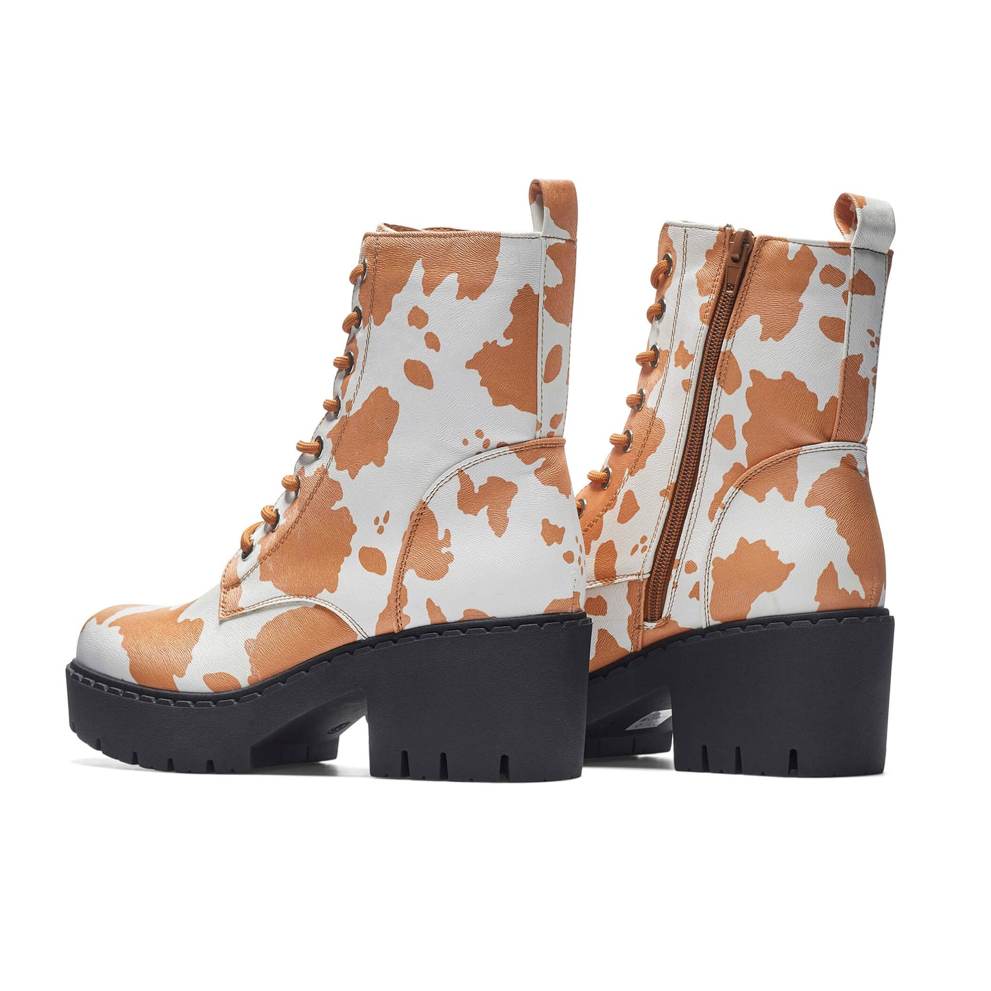 Clarabelle Brown Cow Print Switch Lace Up Boots - Ankle Boots - KOI Footwear - Black - Back Side View