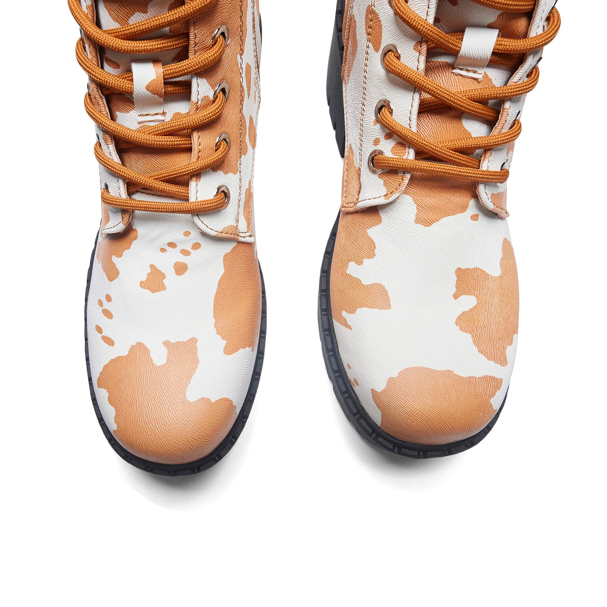 Clarabelle Brown Cow Print Switch Lace Up Boots - Ankle Boots - KOI Footwear - Black - Top View