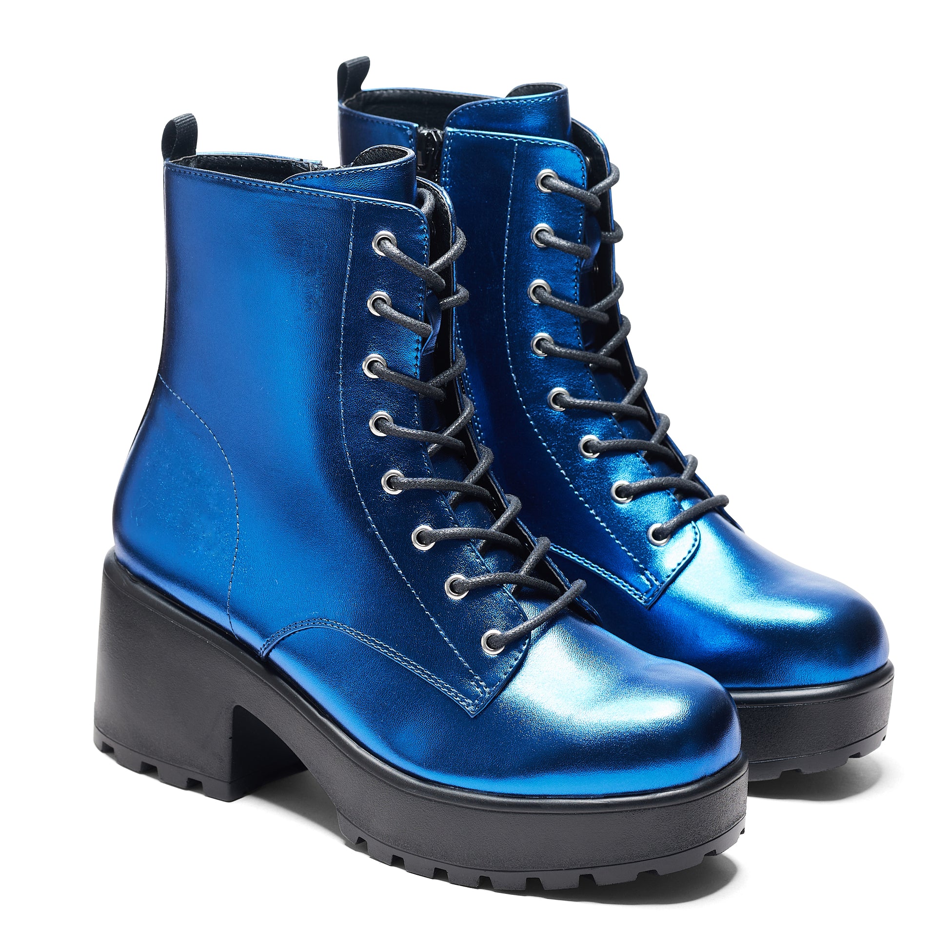 Cobalt Haze Military Platform Boots - Ankle Boots - KOI Footwear - Blue - Three-Quarter View