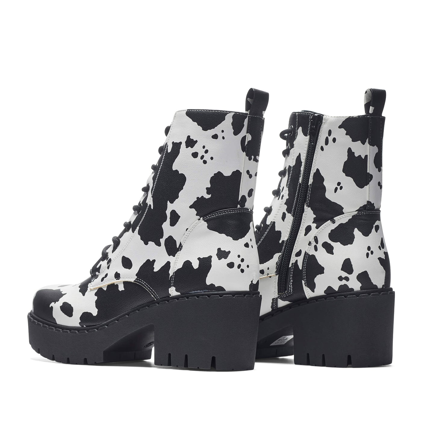 Daisy Cow Print Switch Lace Up Boots - Ankle Boots - KOI Footwear - Black - Back Side View