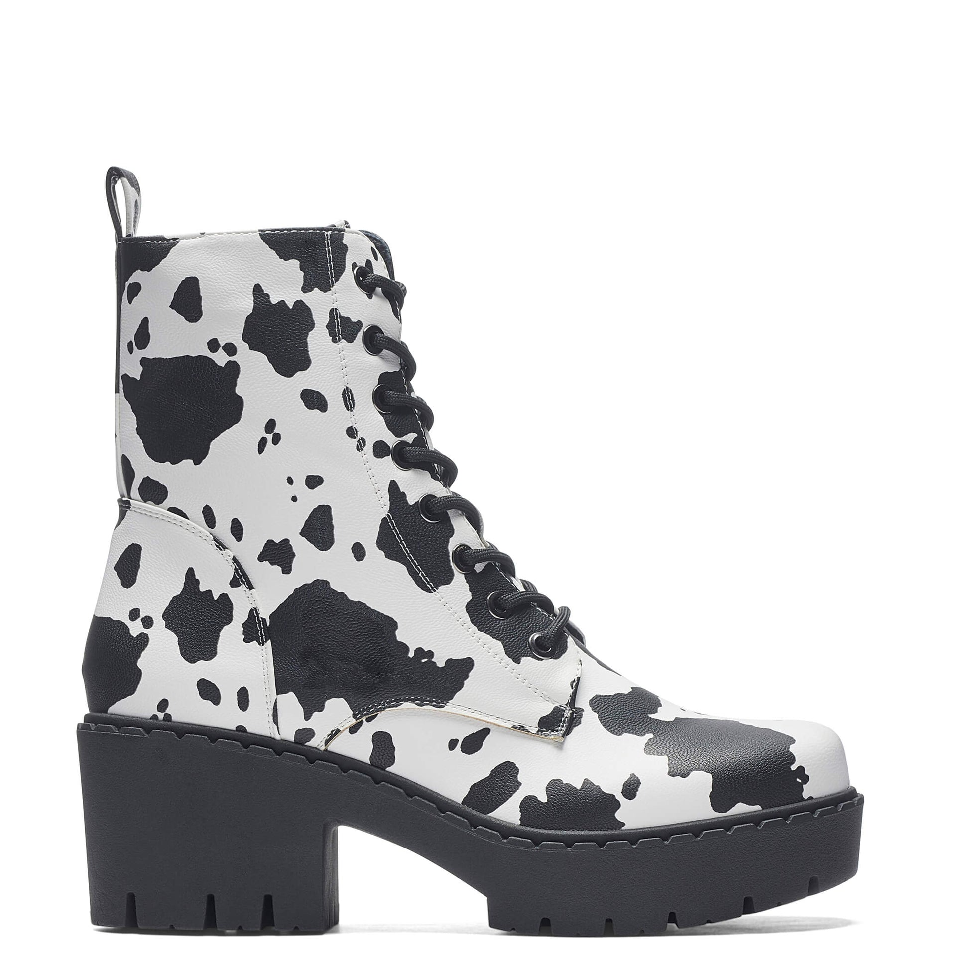 Daisy Cow Print Switch Lace Up Boots - Ankle Boots - KOI Footwear - Black - Side View
