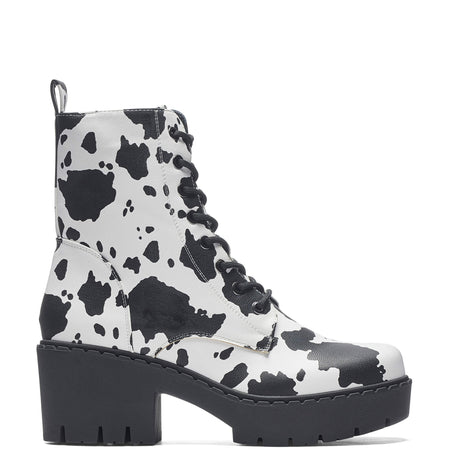 Daisy Cow Print Switch Lace Up Boots - Ankle Boots - KOI Footwear - Black - Main View
