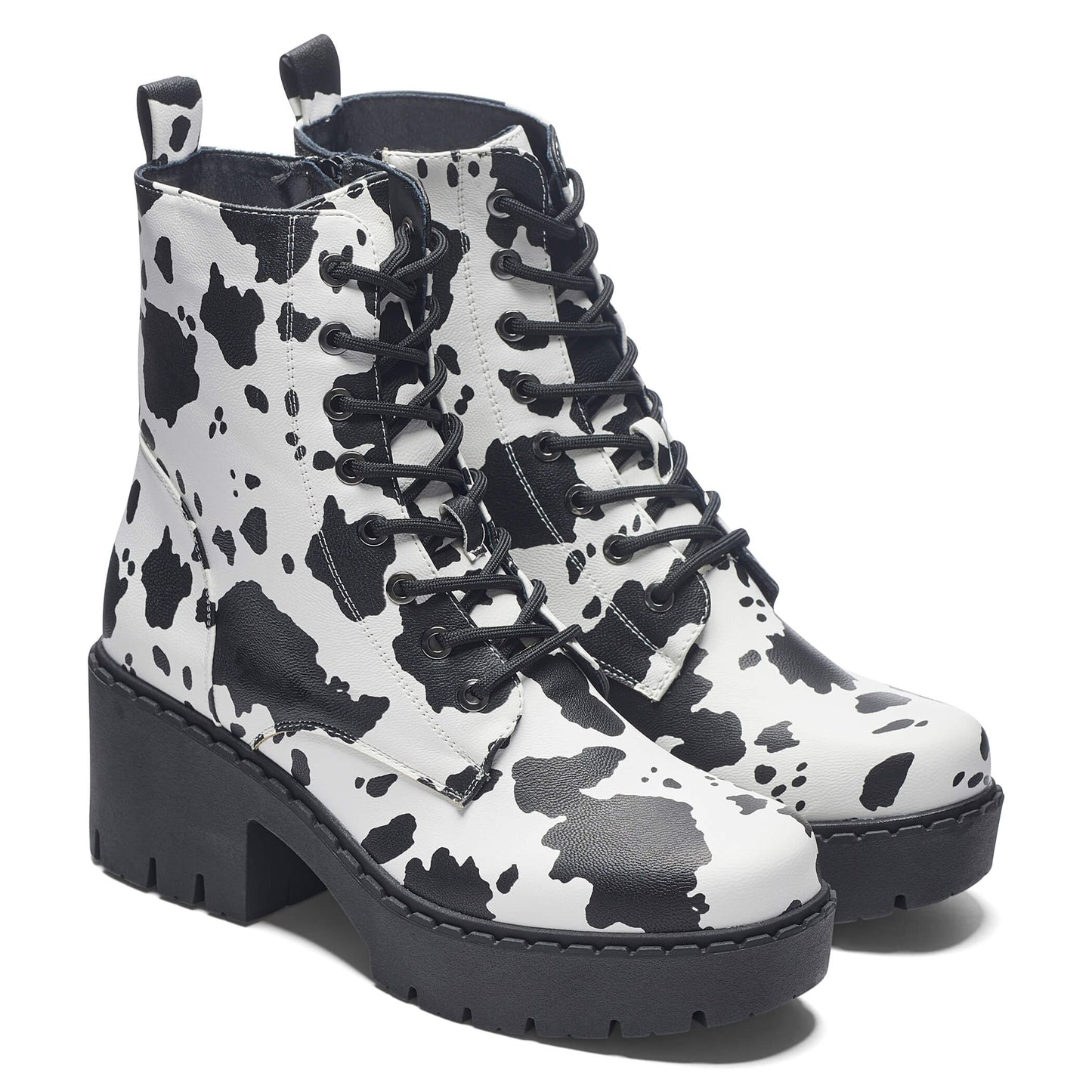 Daisy Cow Print Switch Lace Up Boots - Ankle Boots - KOI Footwear - Black - Three-Quarter View