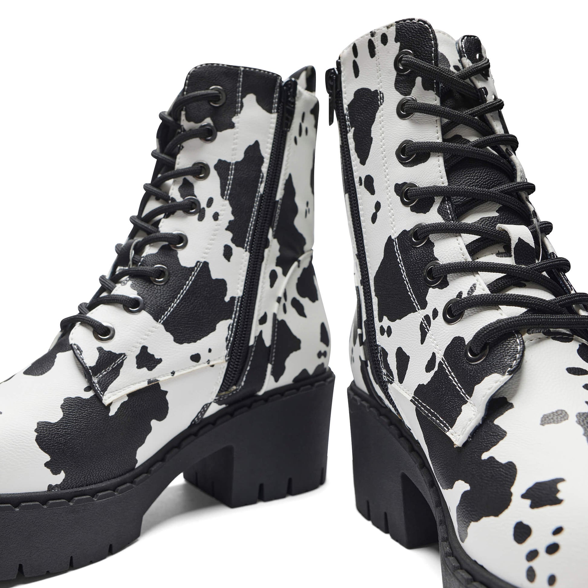 Daisy Cow Print Switch Lace Up Boots - Ankle Boots - KOI Footwear - Black - Close Detail