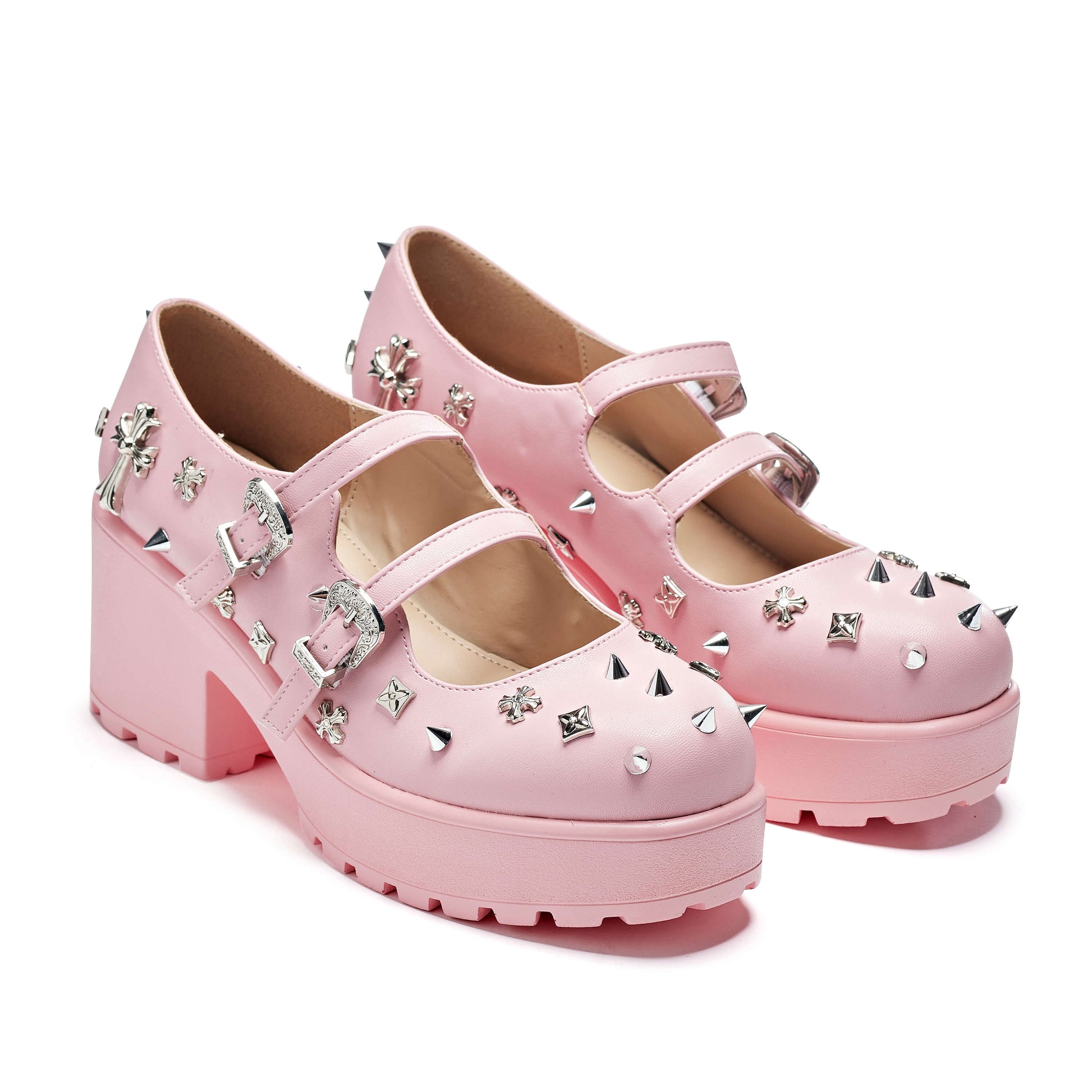 Devil Blushes Double Strap Mary Jane Shoes - Mary Janes - KOI Footwear - Pink - Three-Quarter View