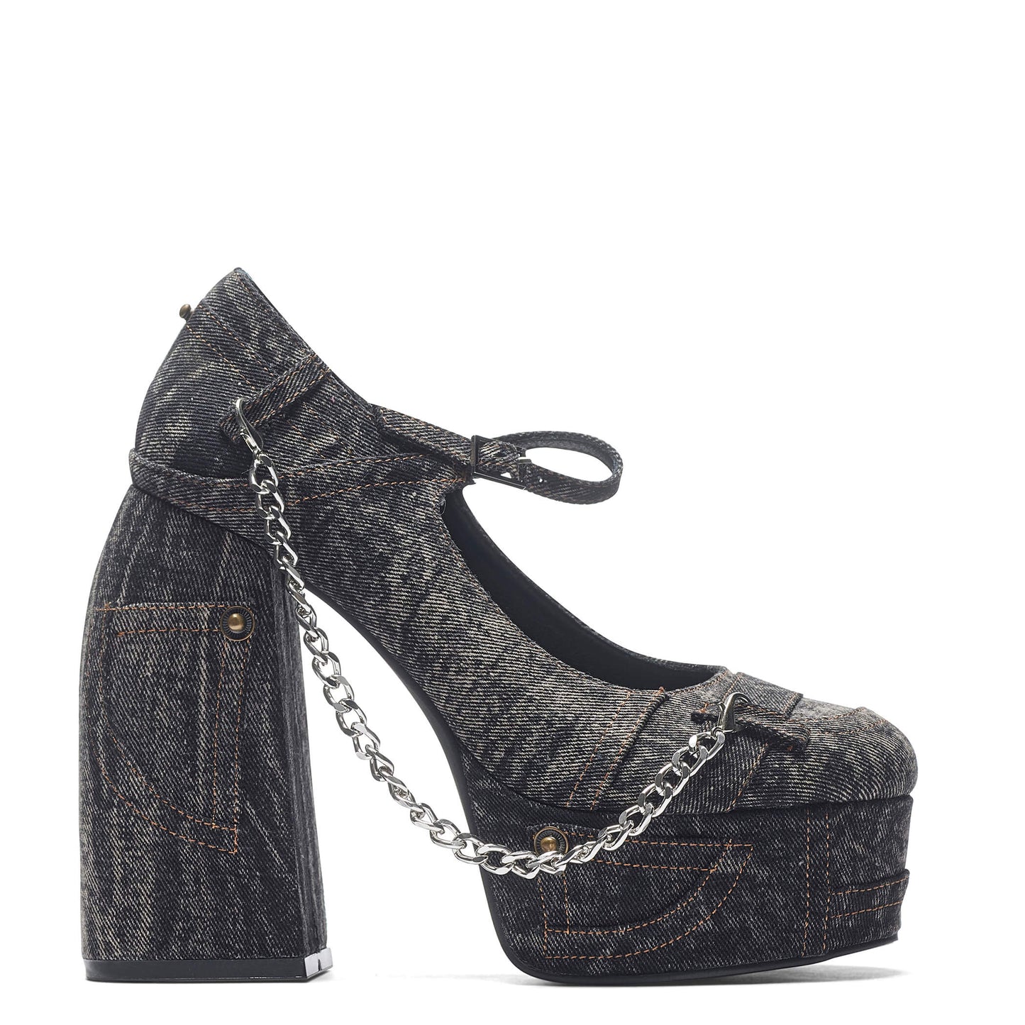 Faded Denim Platform Heels - Black - Koi Footwear - Side View