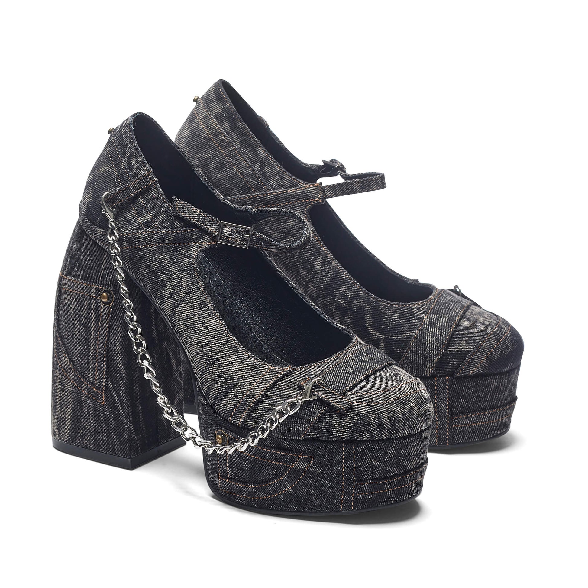 Faded Denim Platform Heels - Black - Koi Footwear - Three-Quarter View