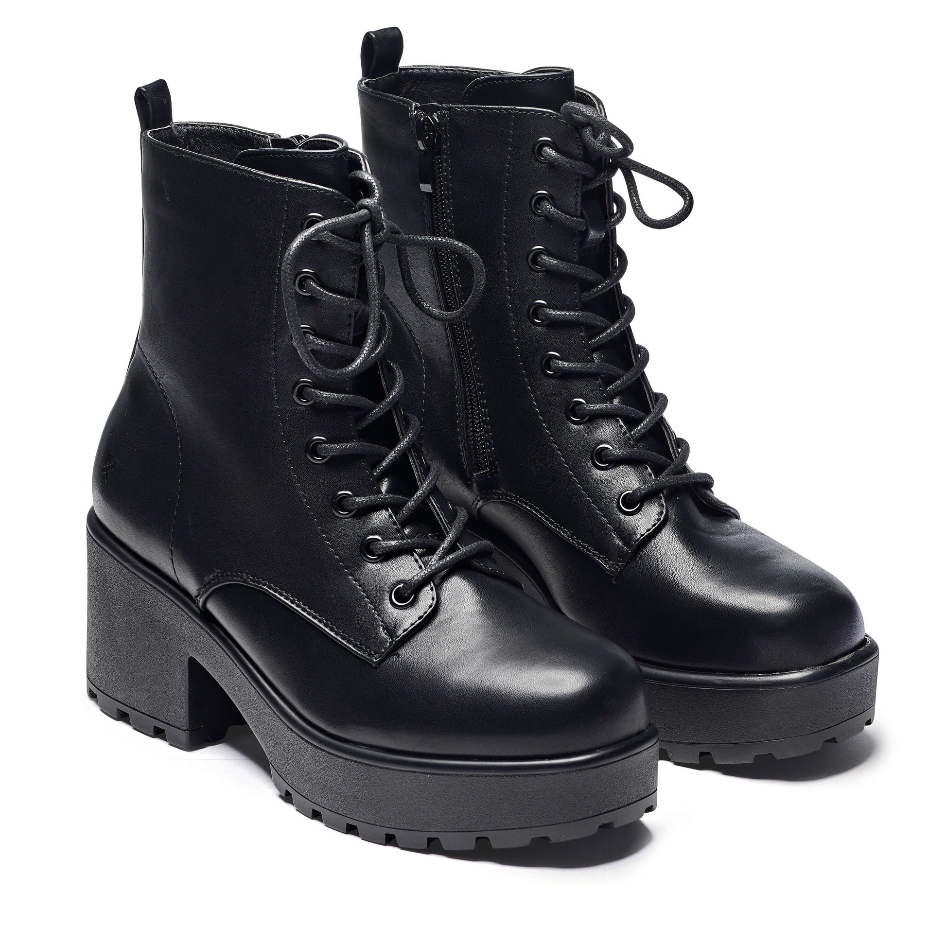 GIN Platform Military Boots - Ankle Boots - KOI Footwear - Black - Three-Quarter Model View