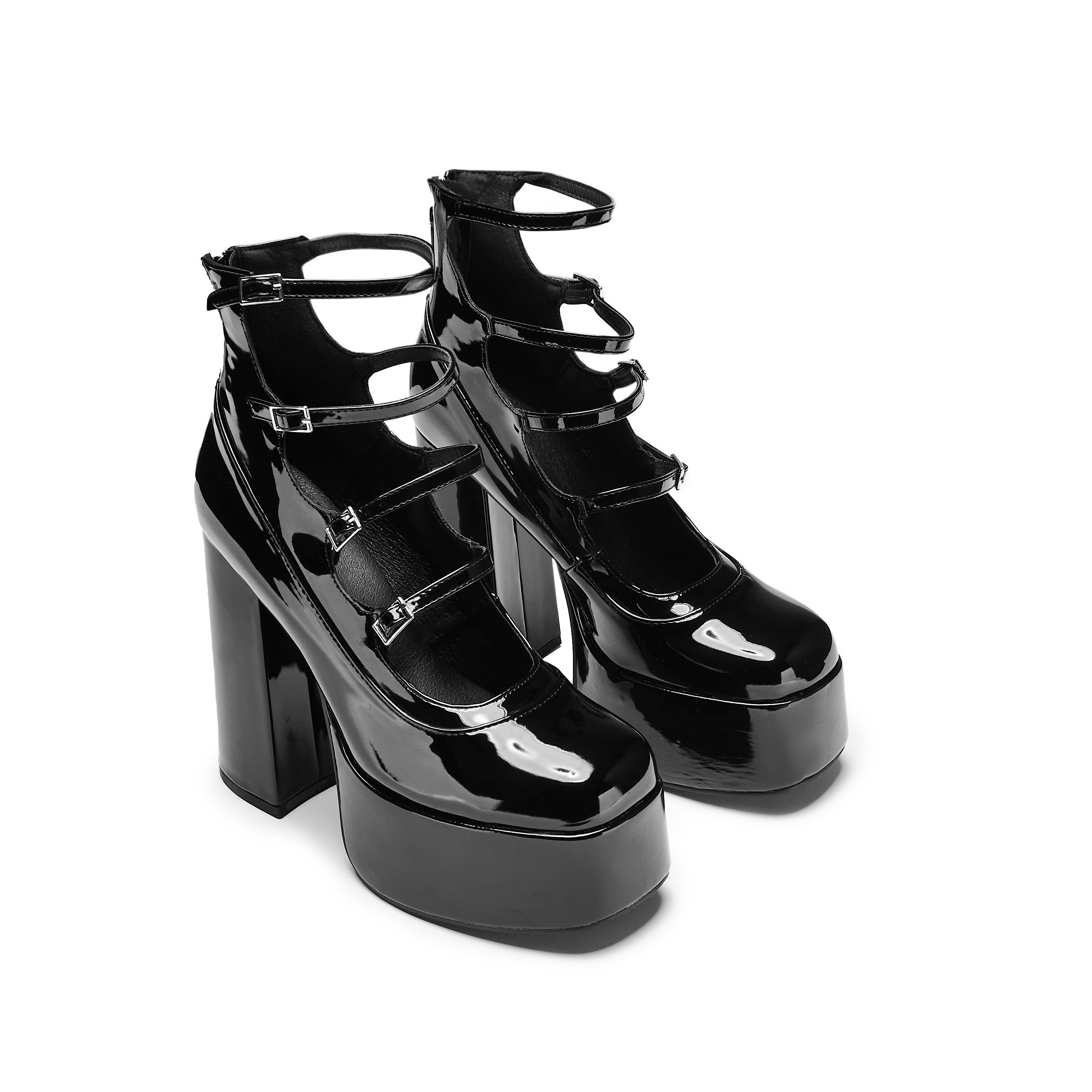 Gurren Strappy Heels - Chunky Platform Heels - Patent - Black - top view