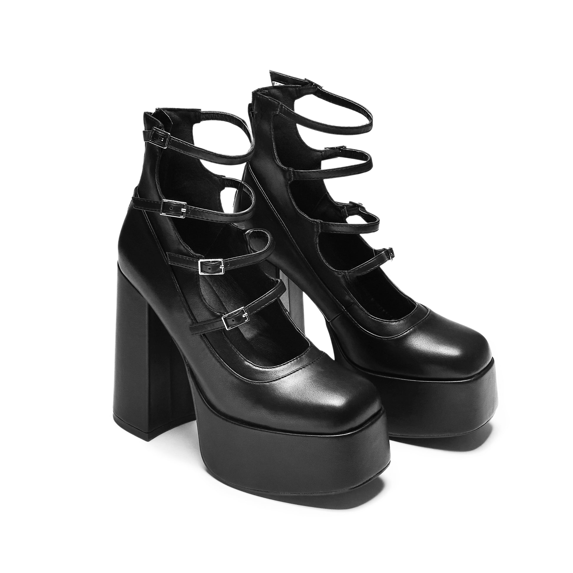 Gurren Strappy Platform Heels - Black - Koi Footwear - Three-Quarters View