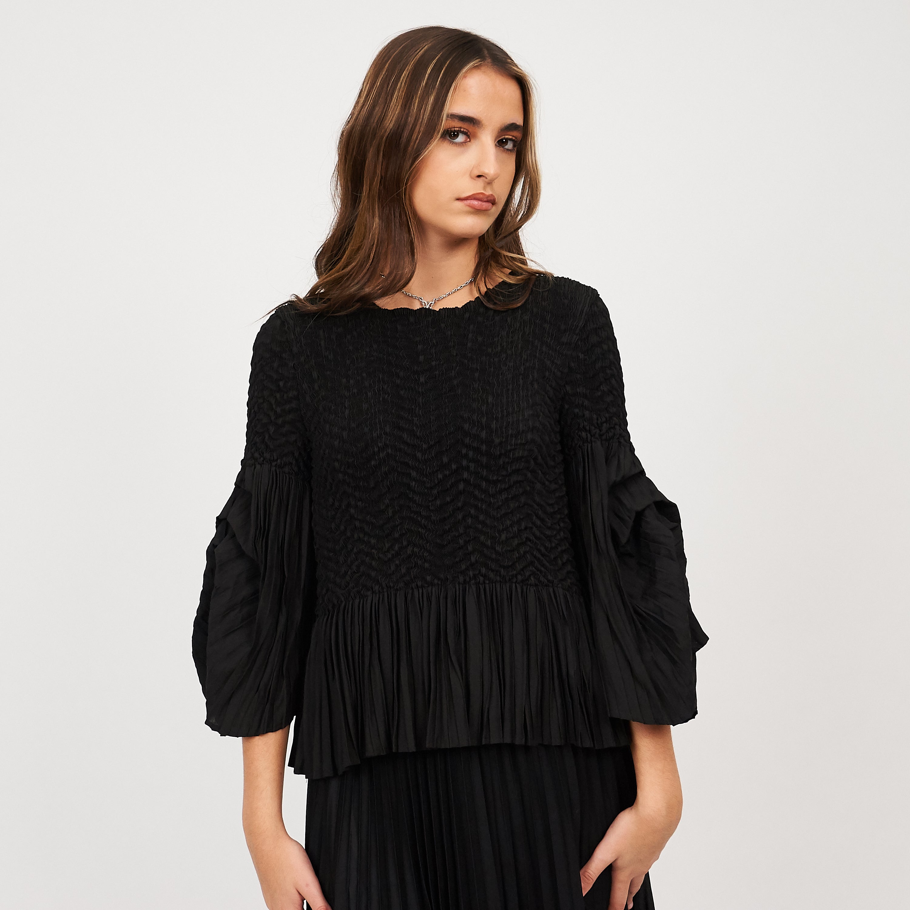 KOI_Bespoke Noctura Black Pleated Top and Skirt Co Ord- One Size_ECOM