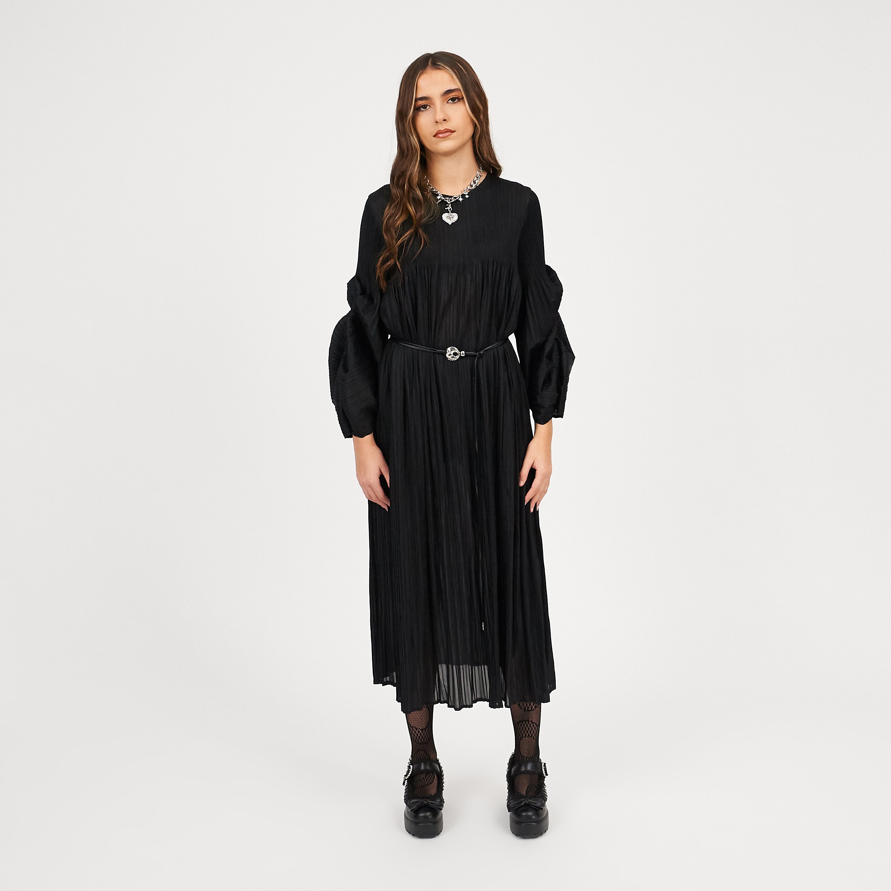 KOI_Bespoke Penumbra Black Pleated Midi Dress_