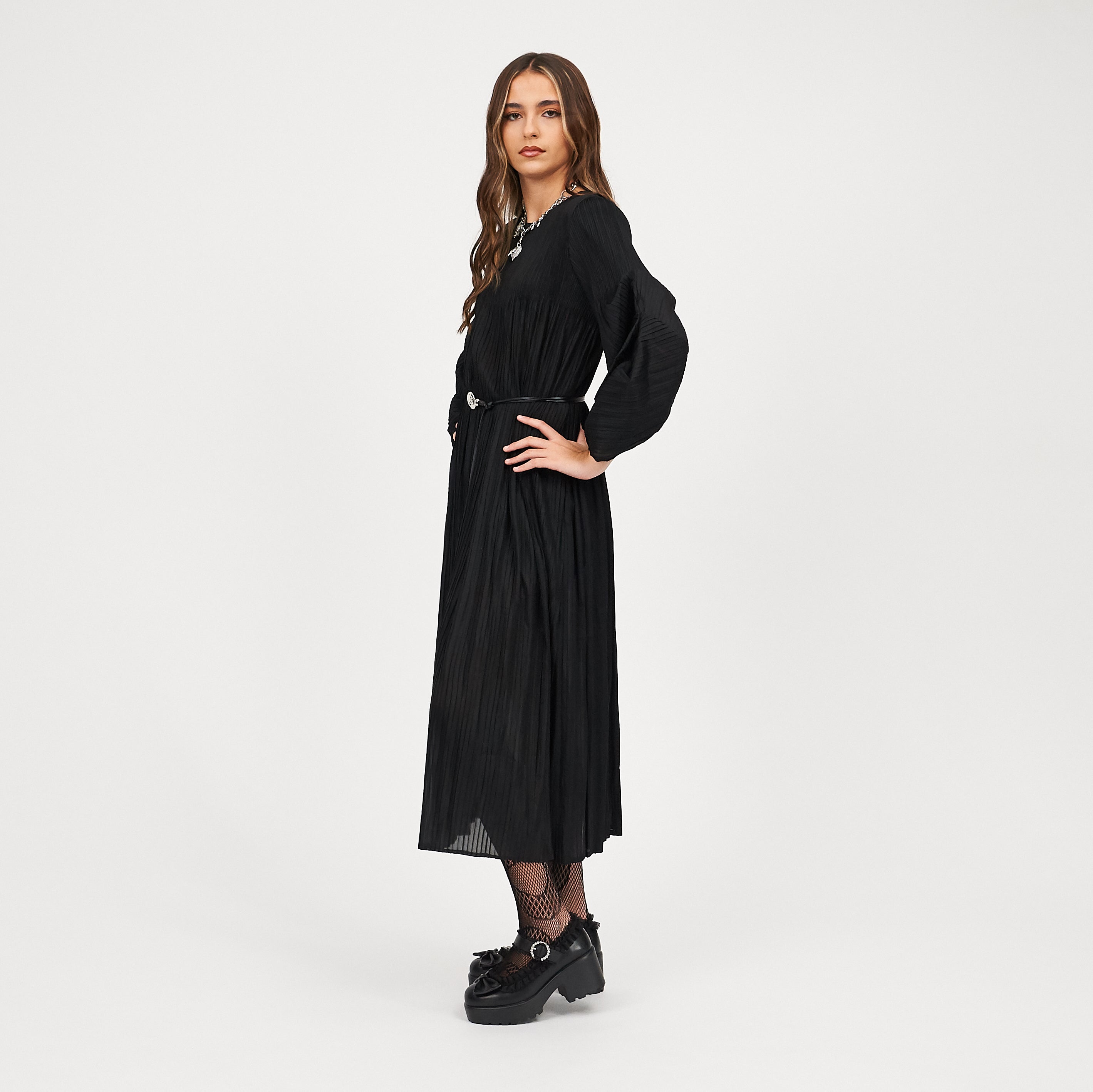 KOI_Bespoke Penumbra Black Pleated Midi Dress_1