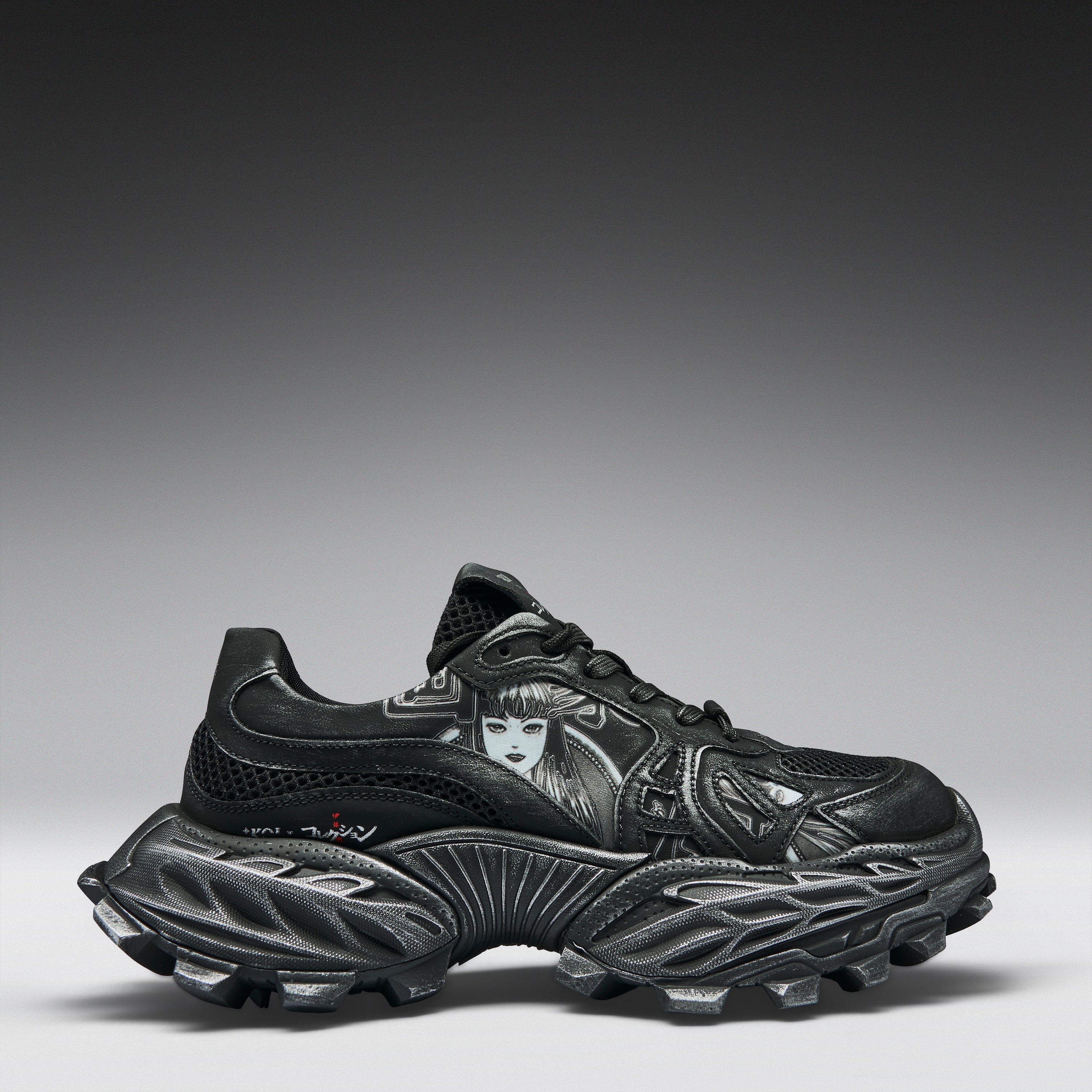 A black chunky platform sneaker with a sculpted sole, featuring a graphic illustration of a woman's face on the side and the brand name 'SKELETAL' printed near the heel, set against a dark gray gradient background.