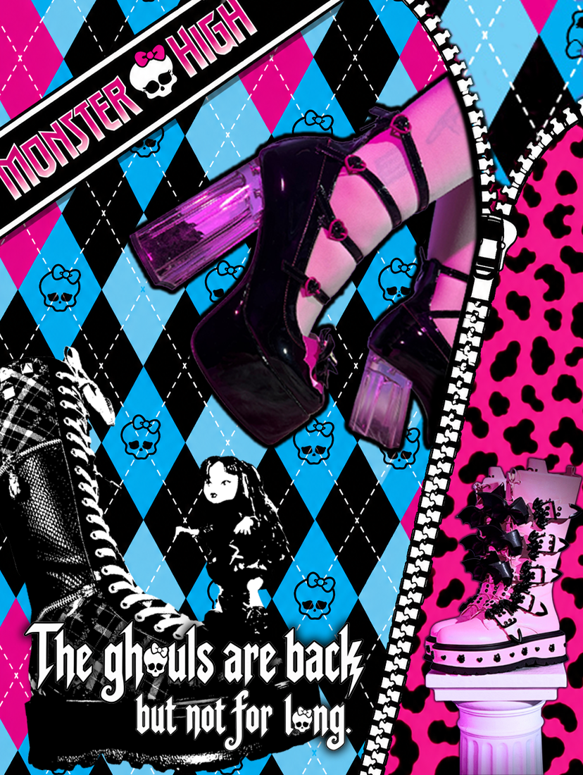 A gothic-themed graphic collage featuring a pair of black high-heeled platform shoes with translucent pink blocks, a black-and-white plaid boot, and a pink-and-black polka-dot boot. The background is a black and blue argyle pattern with cartoon skulls, a diagonal 'Monster High' banner, a white zipper graphic, and the text 'The ghosts are back but not for long.