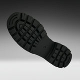 A close-up of a black rubber shoe sole with deep tread patterns, shown against a dark gray to light gray gradient background.