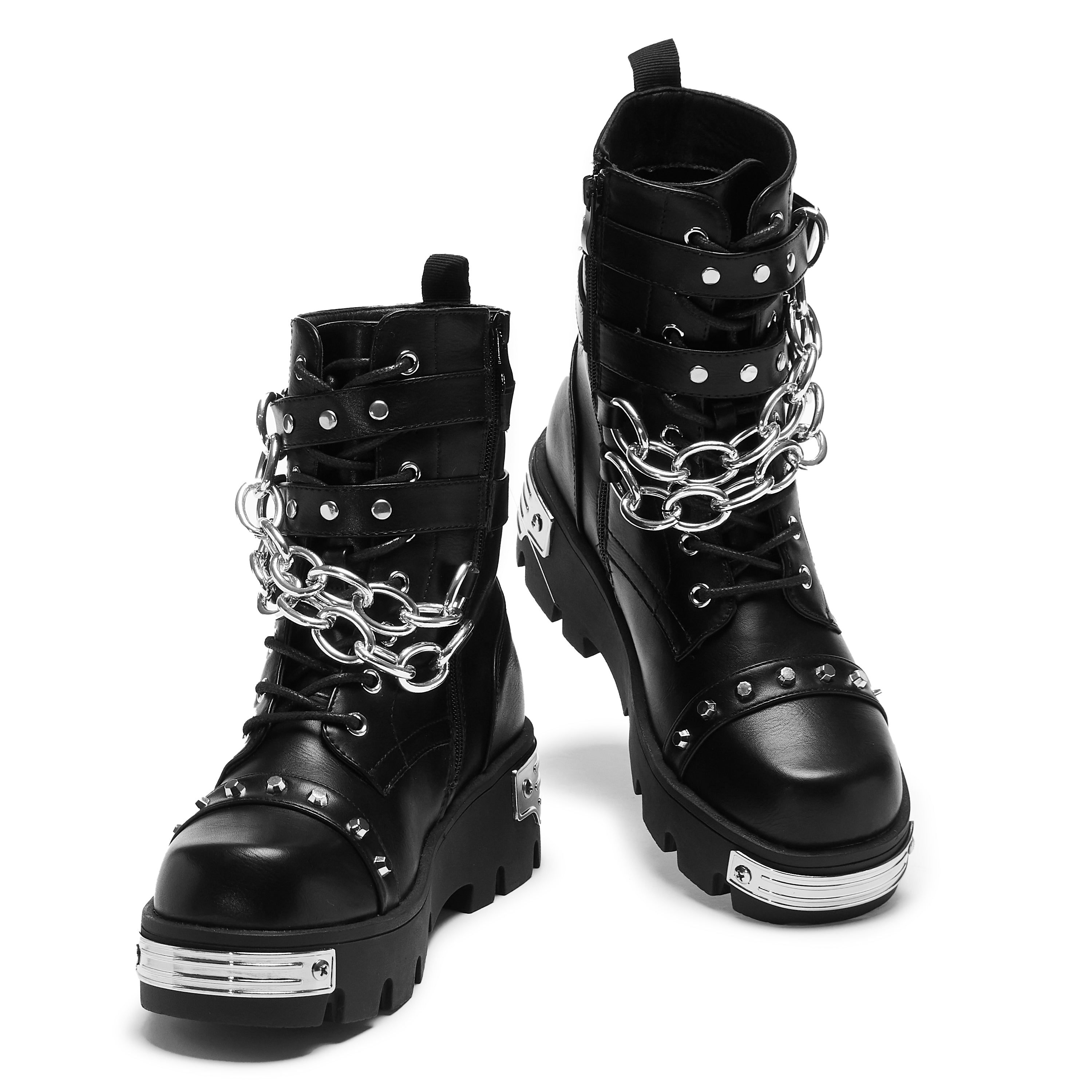 Black PU Chain Detail Biker Boots - Fischer