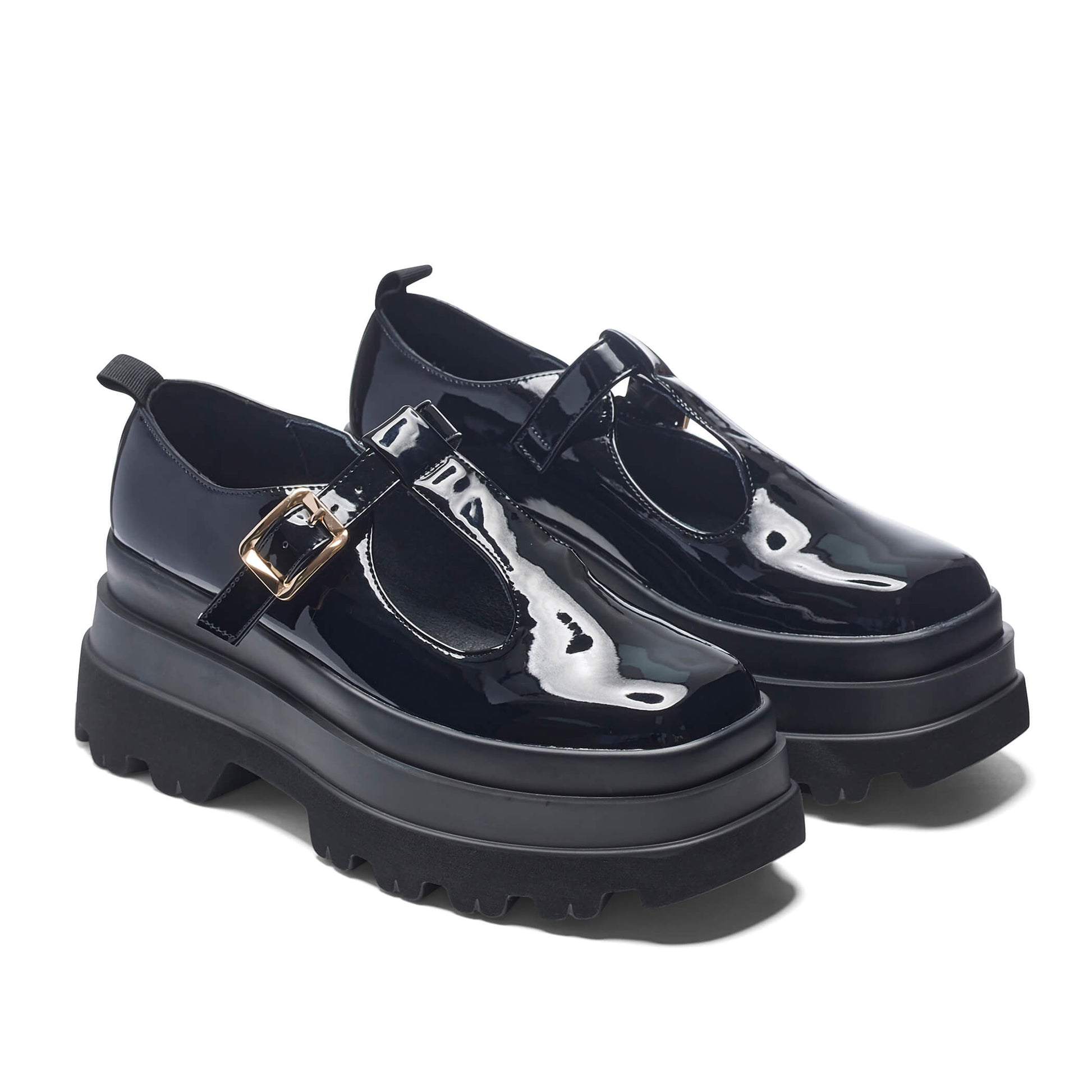 Silent Amity Trident Patent Platform Mary Jane Shoes - Mary Janes - KOI Footwear - Black - Three-Quarter View