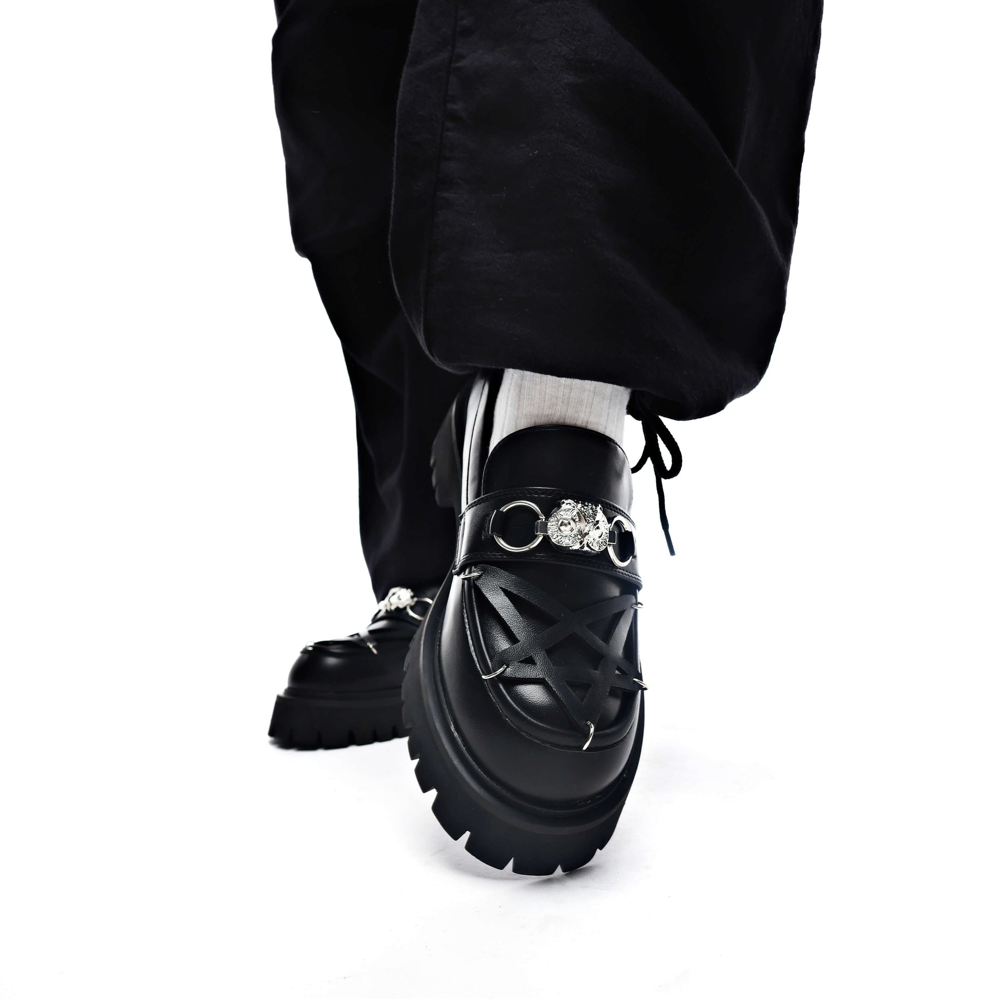 Silent Dusk Owl Pentagram Loafers - Shoes - KOI Footwear - Black - Model Front View