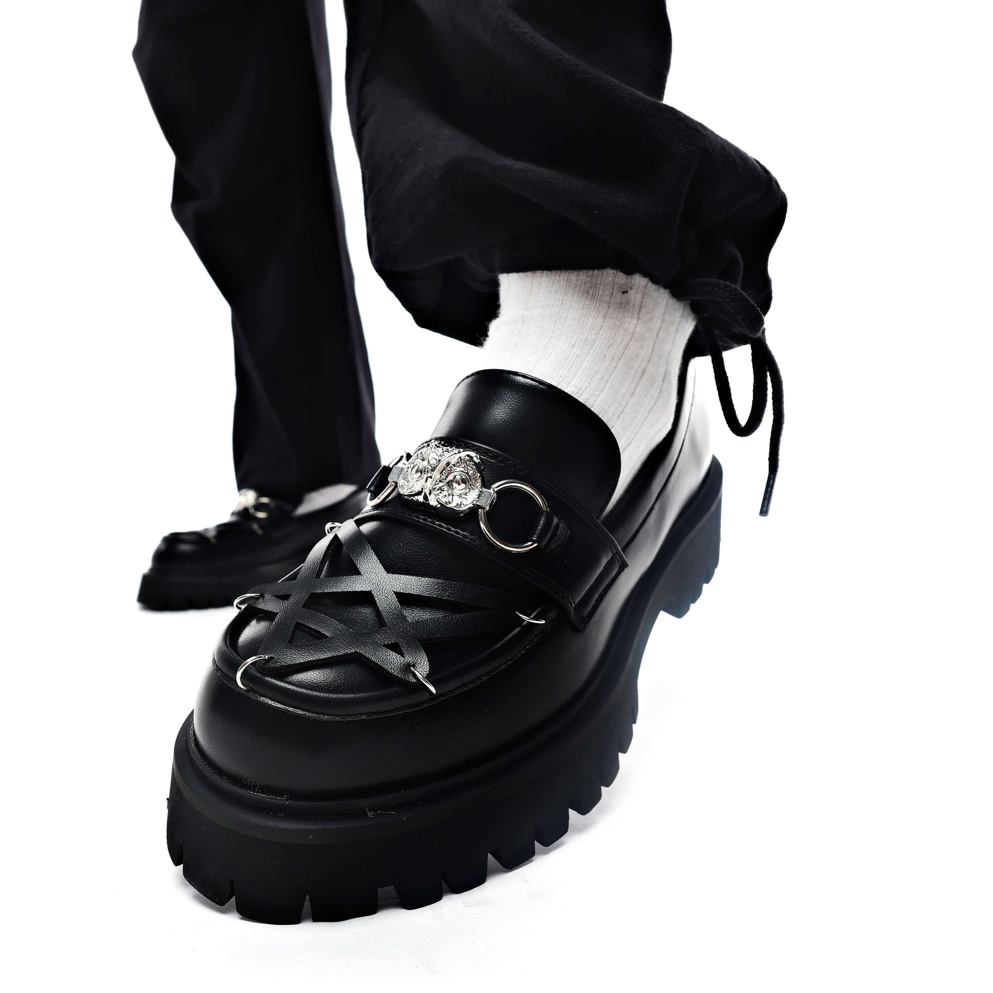 Silent Dusk Owl Pentagram Loafers - Shoes - KOI Footwear - Black - Model Detail