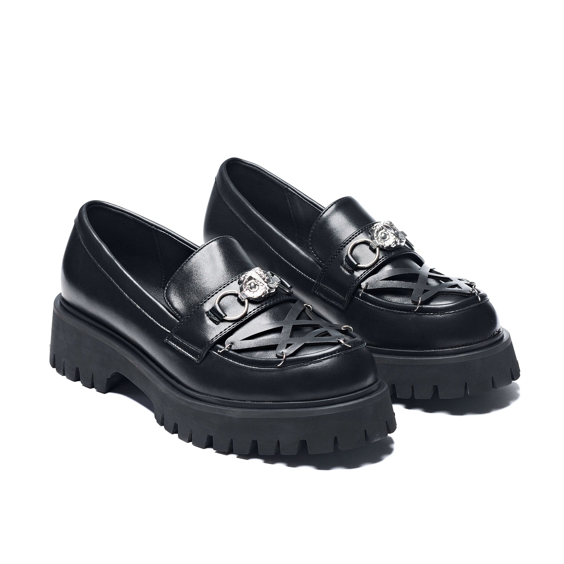Silent Dusk Owl Pentagram Loafers - Shoes - KOI Footwear - Black - Three-Quarter View