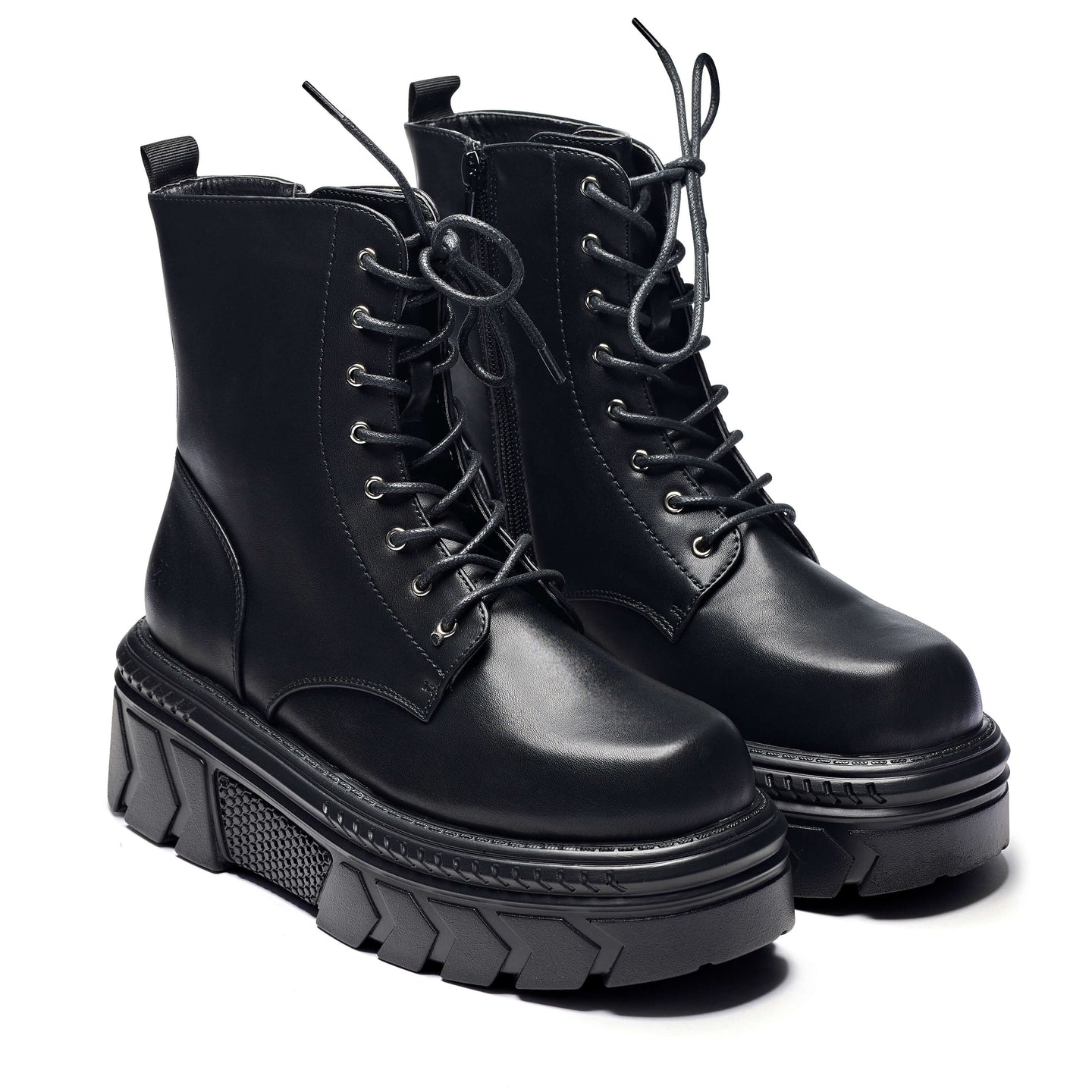 Chunky Platform Boots with Buckle Straps and Front Zip