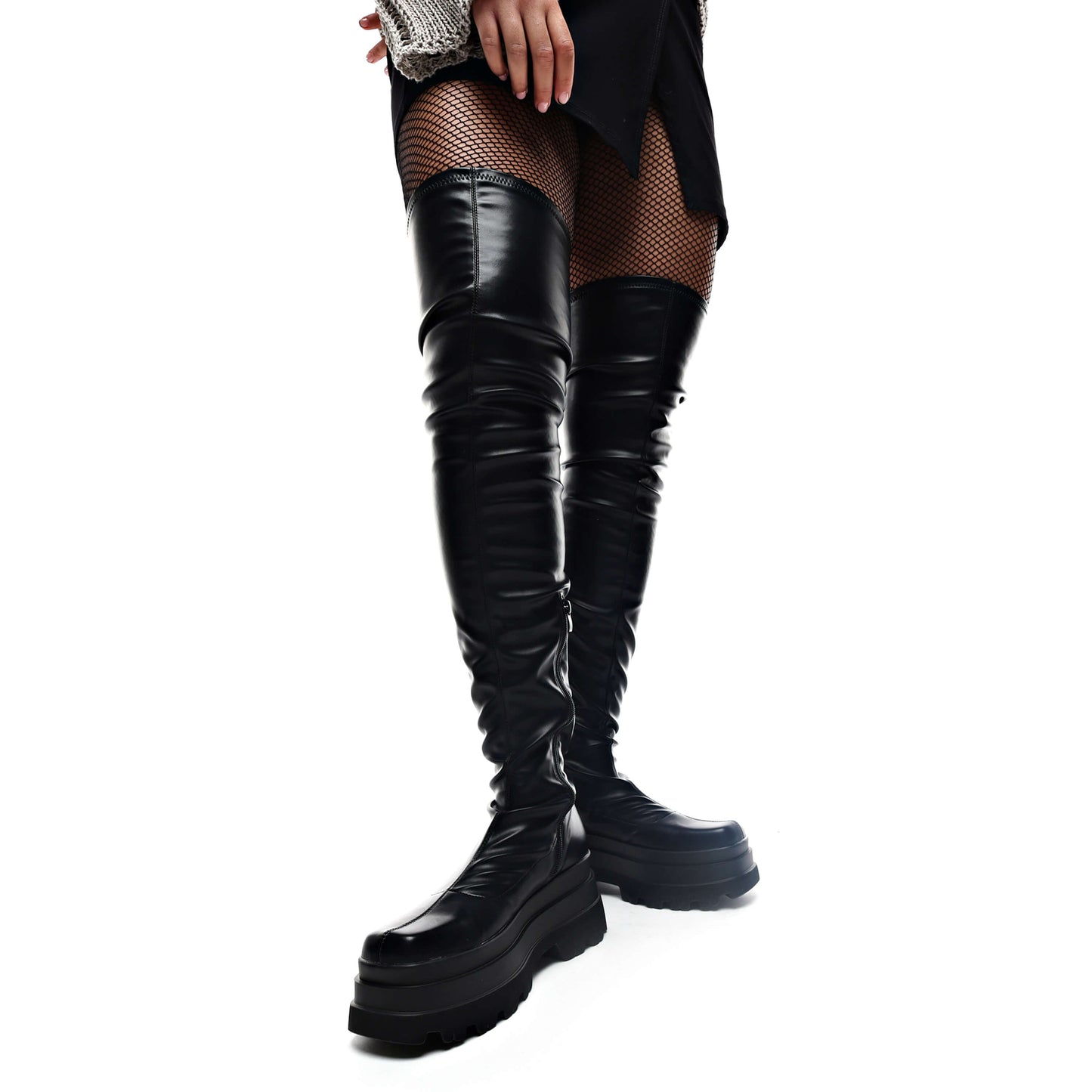 The Elevation Plus Size Thigh High Boots - Long Boots - KOI Footwear - Black - Model Front View