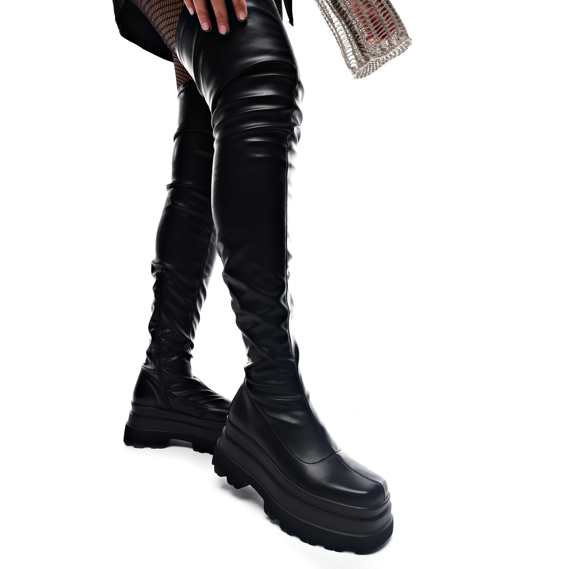 The Elevation Plus Size Thigh High Boots - Long Boots - KOI Footwear - Black - Model Side View