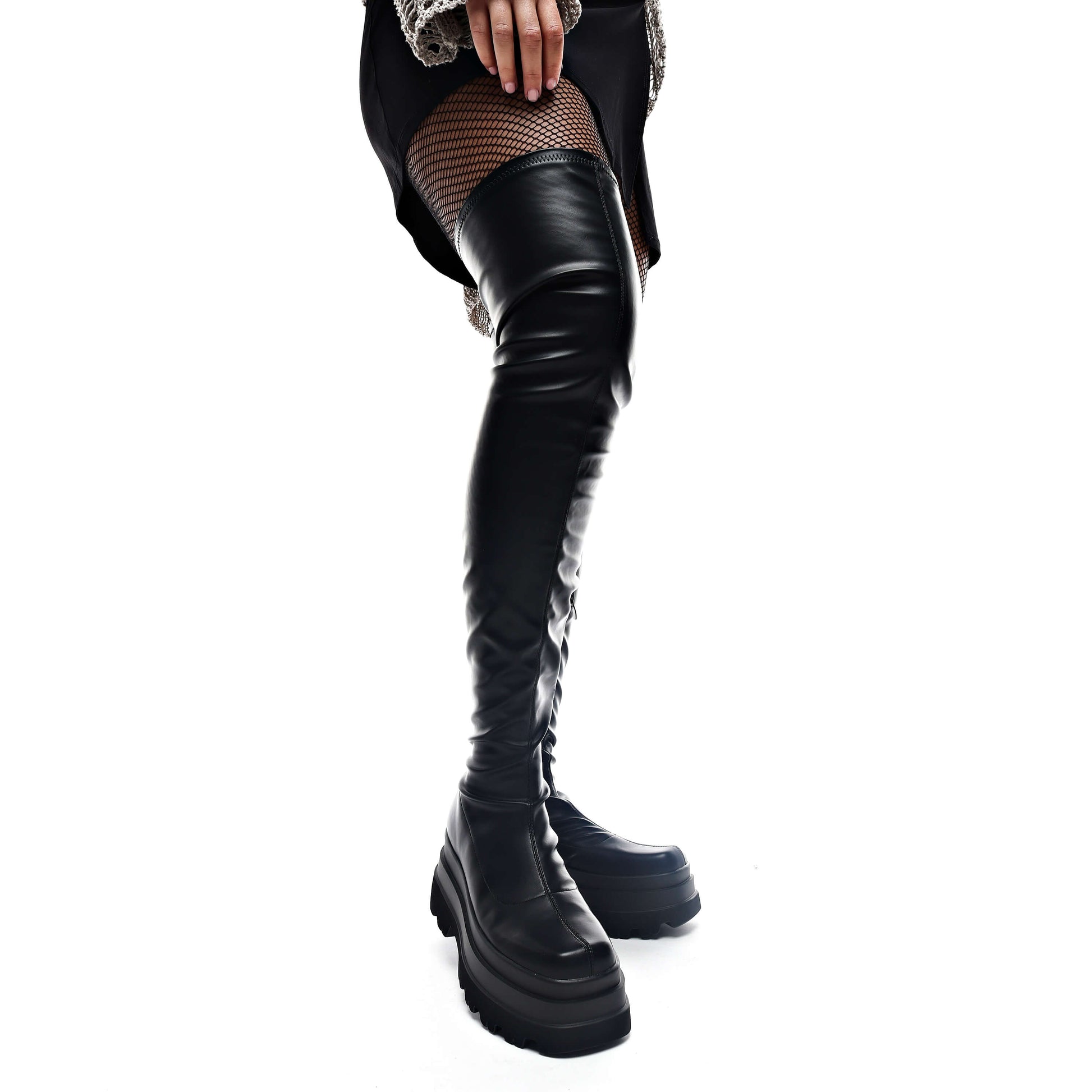 The Elevation Plus Size Thigh High Boots - Long Boots - KOI Footwear - Black - Plus-Size Right Side Model View