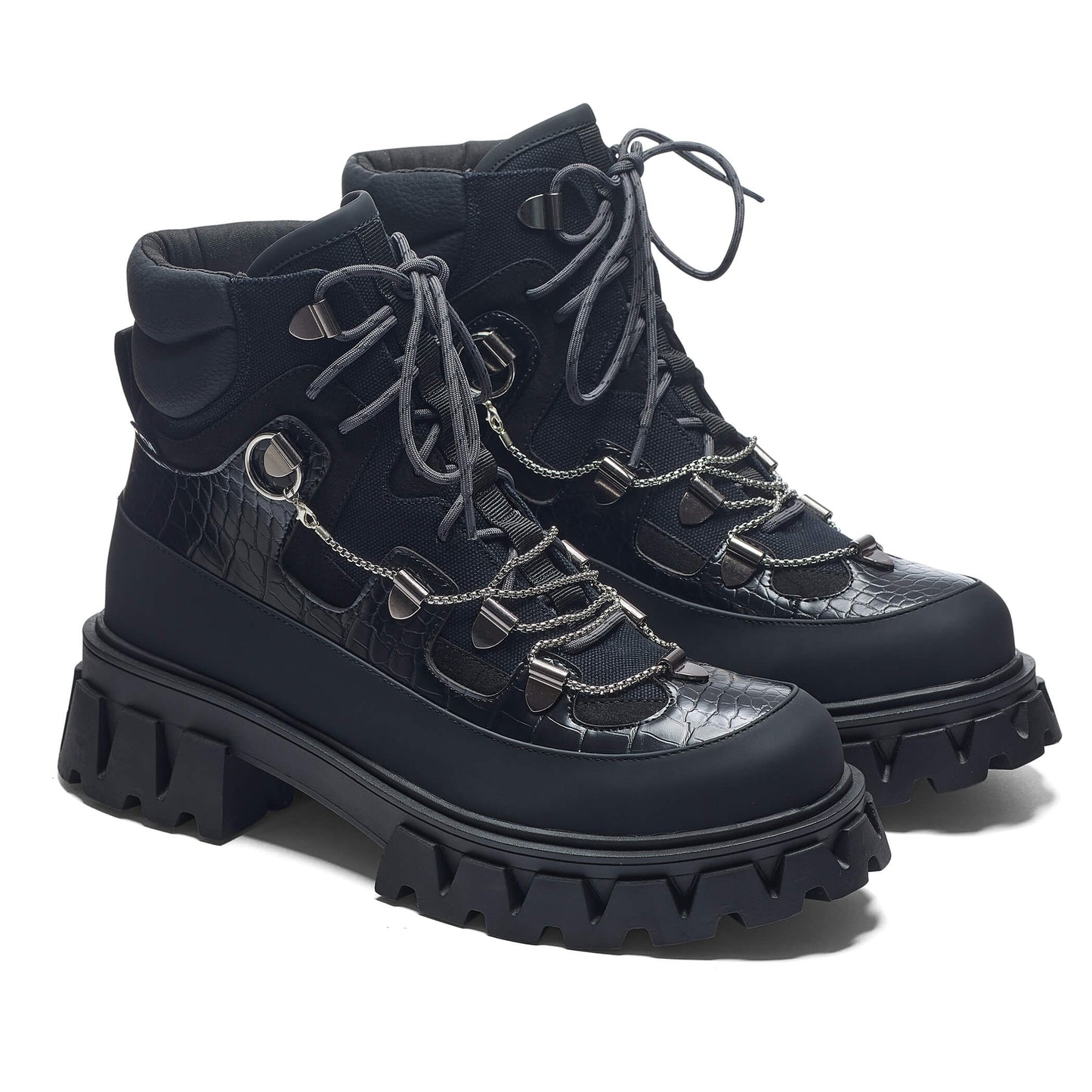 The Koi Reaper Men's Hiking Boots - Ebony Croc - Ankle Boots - KOI Footwear - Black - Three-Quarter View