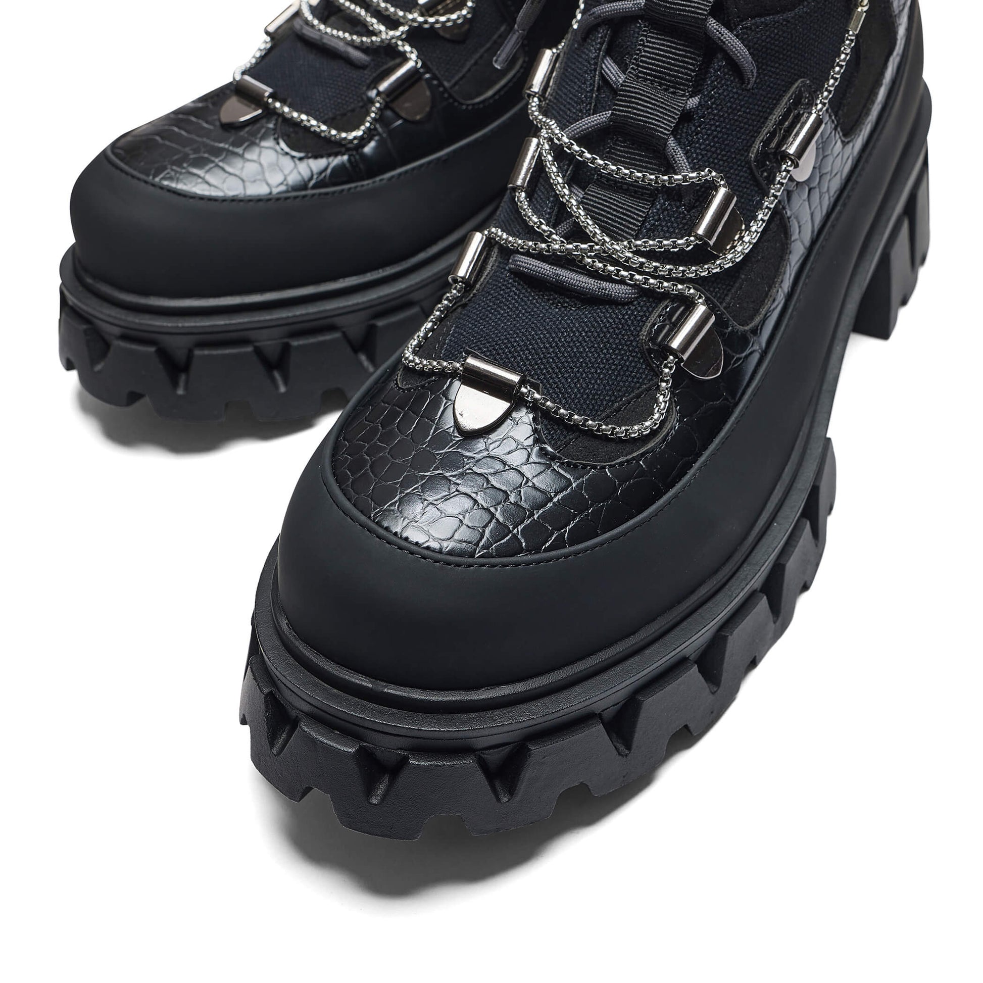 The Koi Reaper Men's Hiking Boots - Ebony Croc - Ankle Boots - KOI Footwear - Black - Front Side Detail