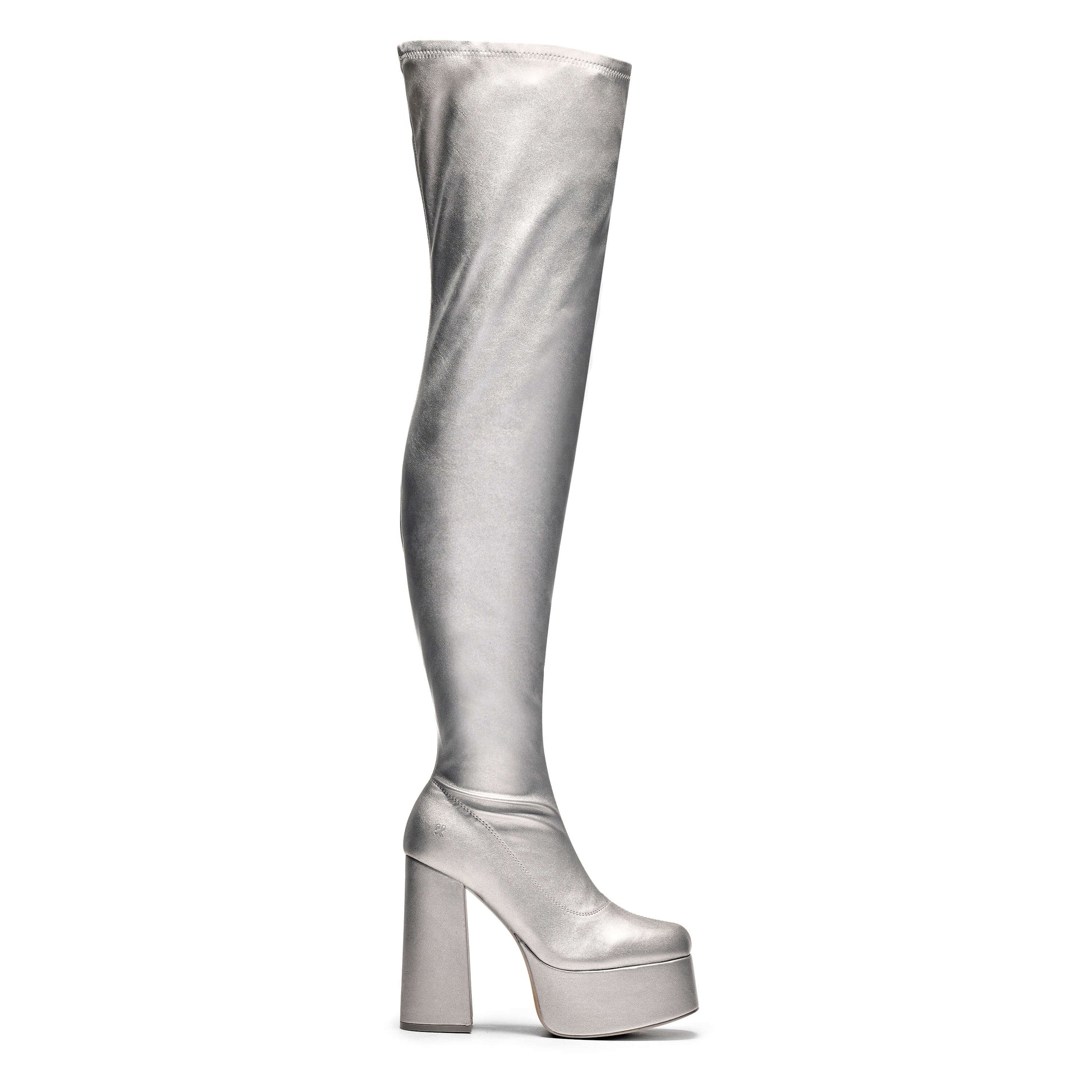 The Redemption Stretch Thigh High Boots - Silver - Long Boots - KOI Footwear - Silver - Side View