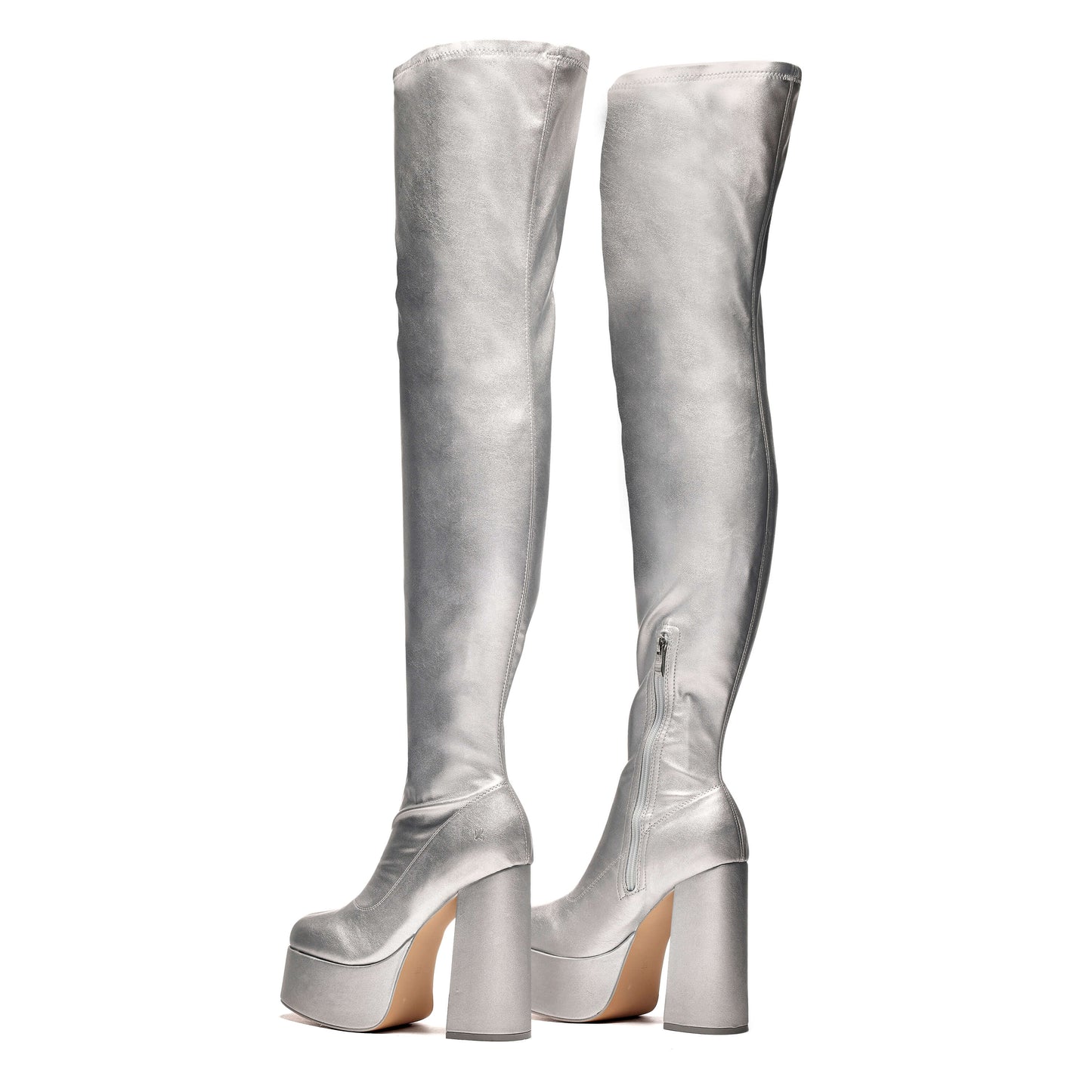 The Redemption Stretch Thigh High Boots - Silver - Long Boots - KOI Footwear - Silver - Back View