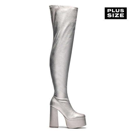 The Redemption Plus Size Thigh High Boots - Silver - Long Boots - KOI Footwear - Silver - Main View