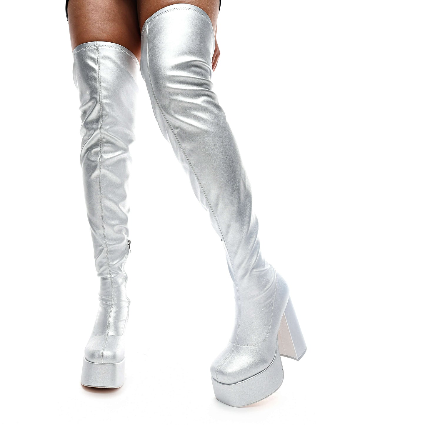 The Redemption Plus Size Thigh High Boots - Silver - Long Boots - KOI Footwear - Silver - Model Front View