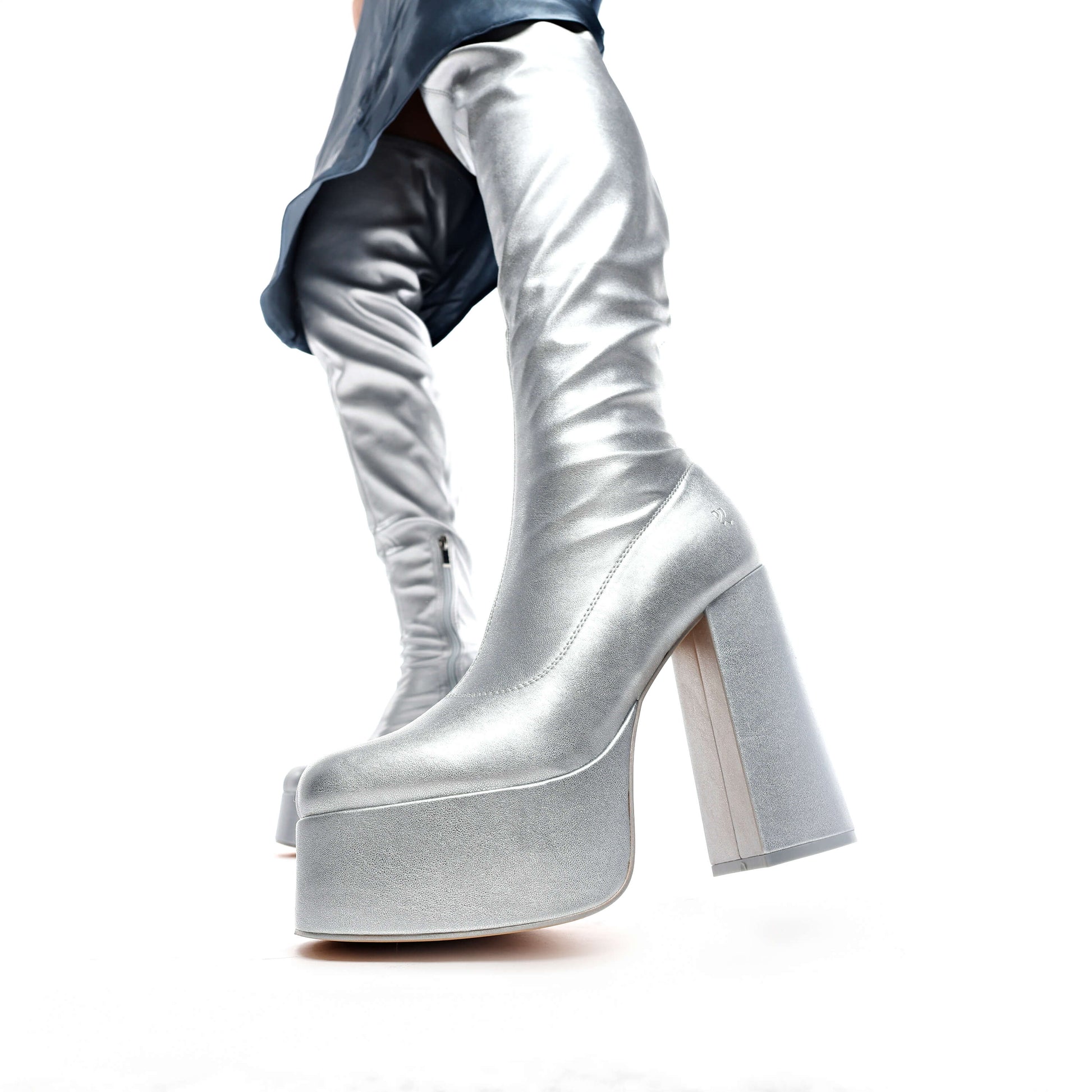 The Redemption Stretch Thigh High Boots - Silver - Long Boots - KOI Footwear - Silver - Model Side View