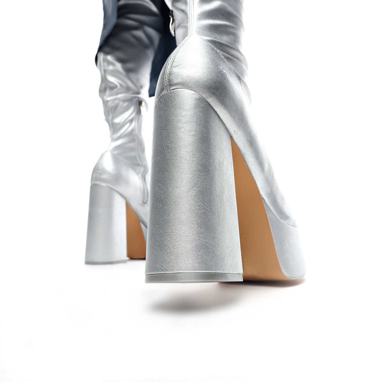 The Redemption Stretch Thigh High Boots - Silver - Long Boots - KOI Footwear - Silver - Heel Detail