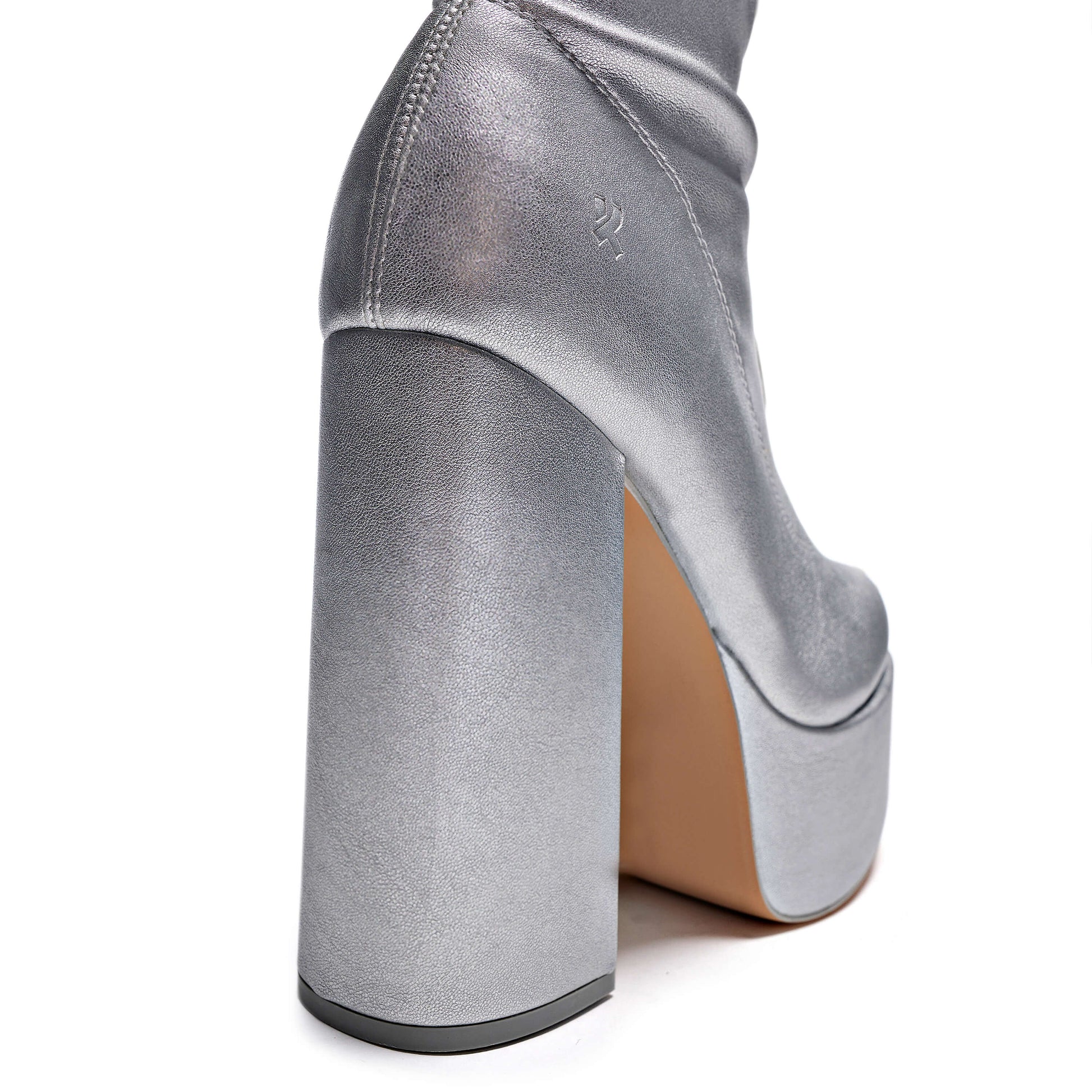 The Redemption Stretch Thigh High Boots - Silver - Long Boots - KOI Footwear - Silver - Back Heel View